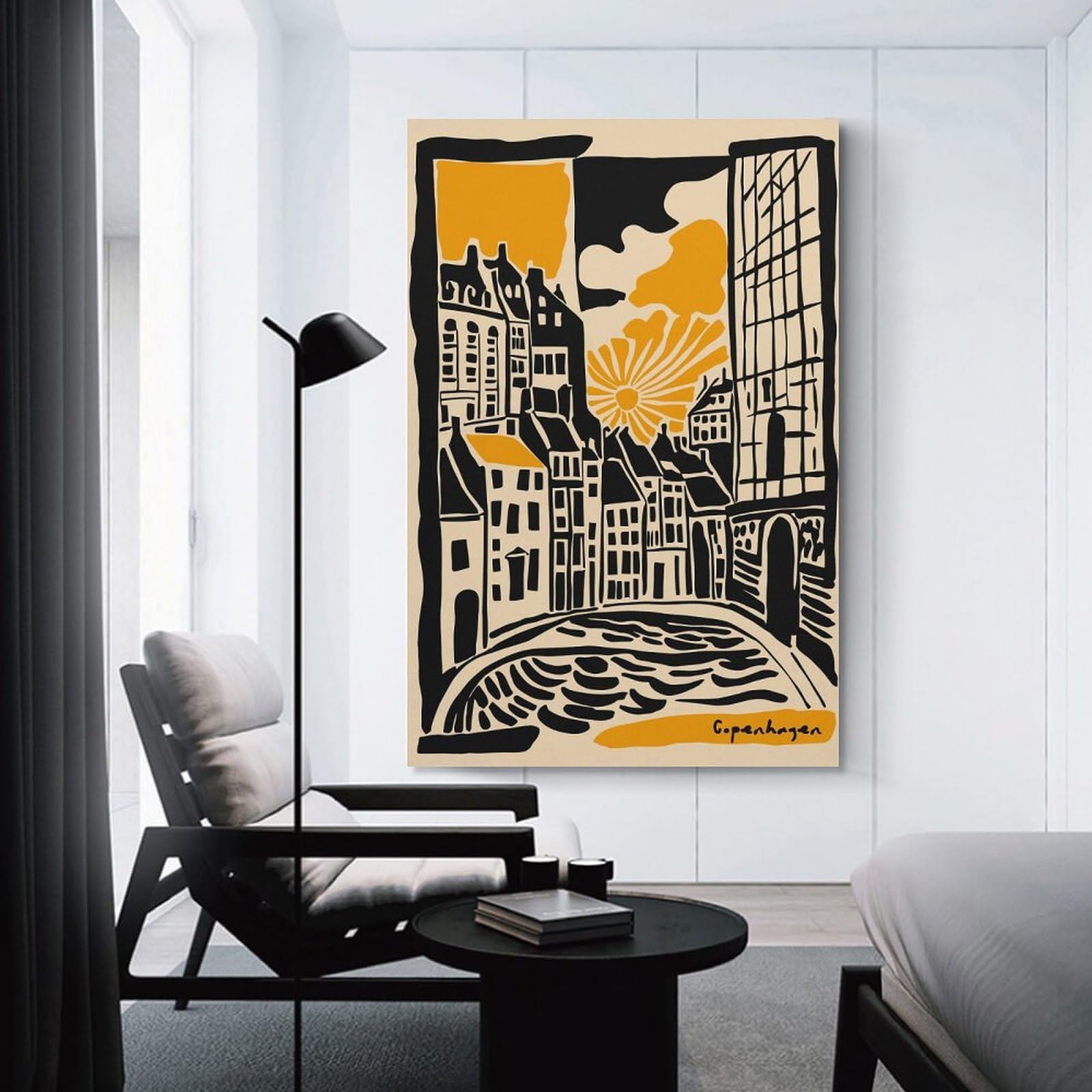 Junmoney Copenhagen Cityscape Illustration Canvas Wall Art, 24x36inch(60x90cm), for Living Room, Bedroom Or Apartment Walls, A Home Accent with Warm Character