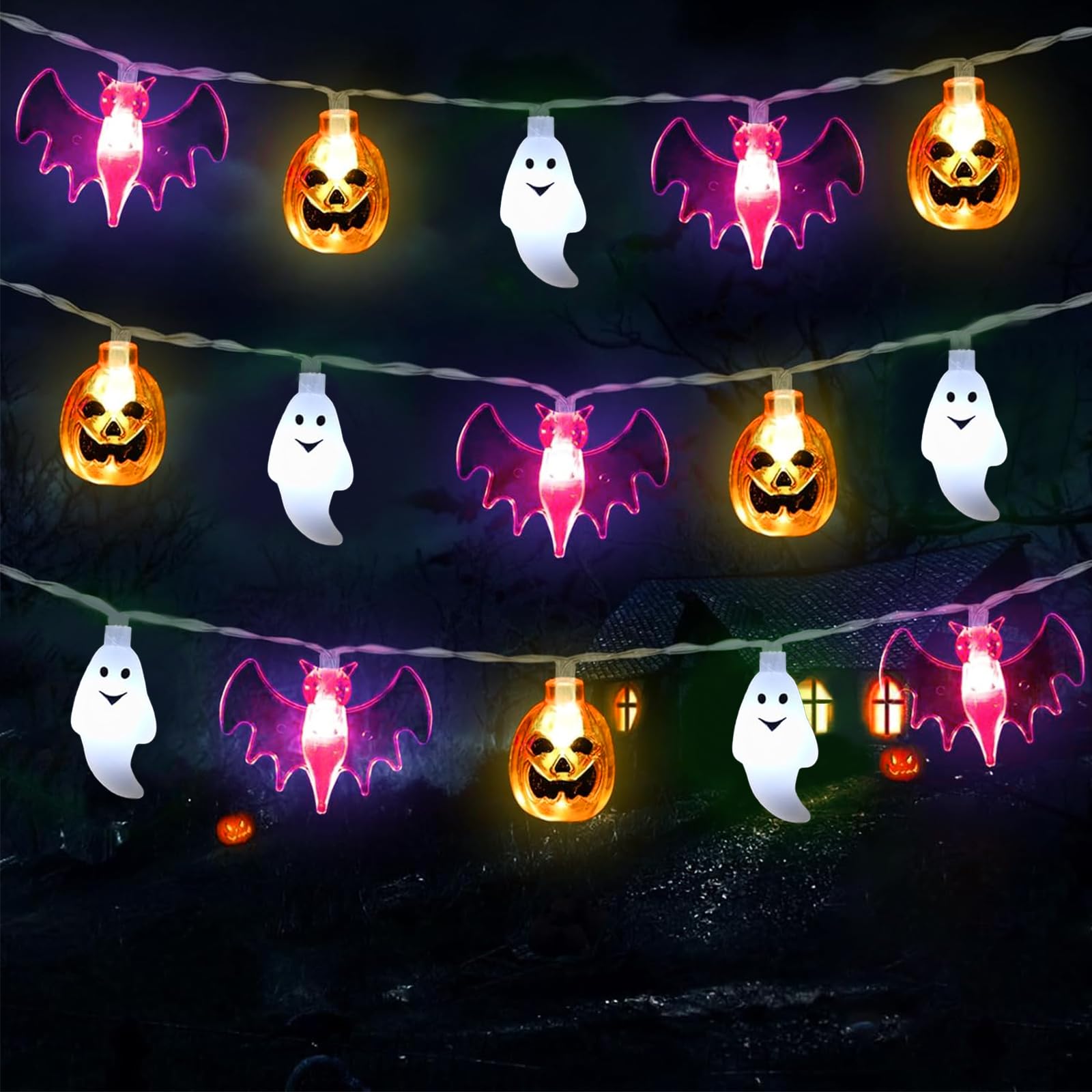 GoldRock 3M 20 Led Halloween Lichterkette, 2 Modi Halloween Deko Lichterkette Innen Outdoor,Horror Geister Kürbis Fledermaus Deko Helloween Led Kette Batterie,Lichterketten Helloween Party Decorations