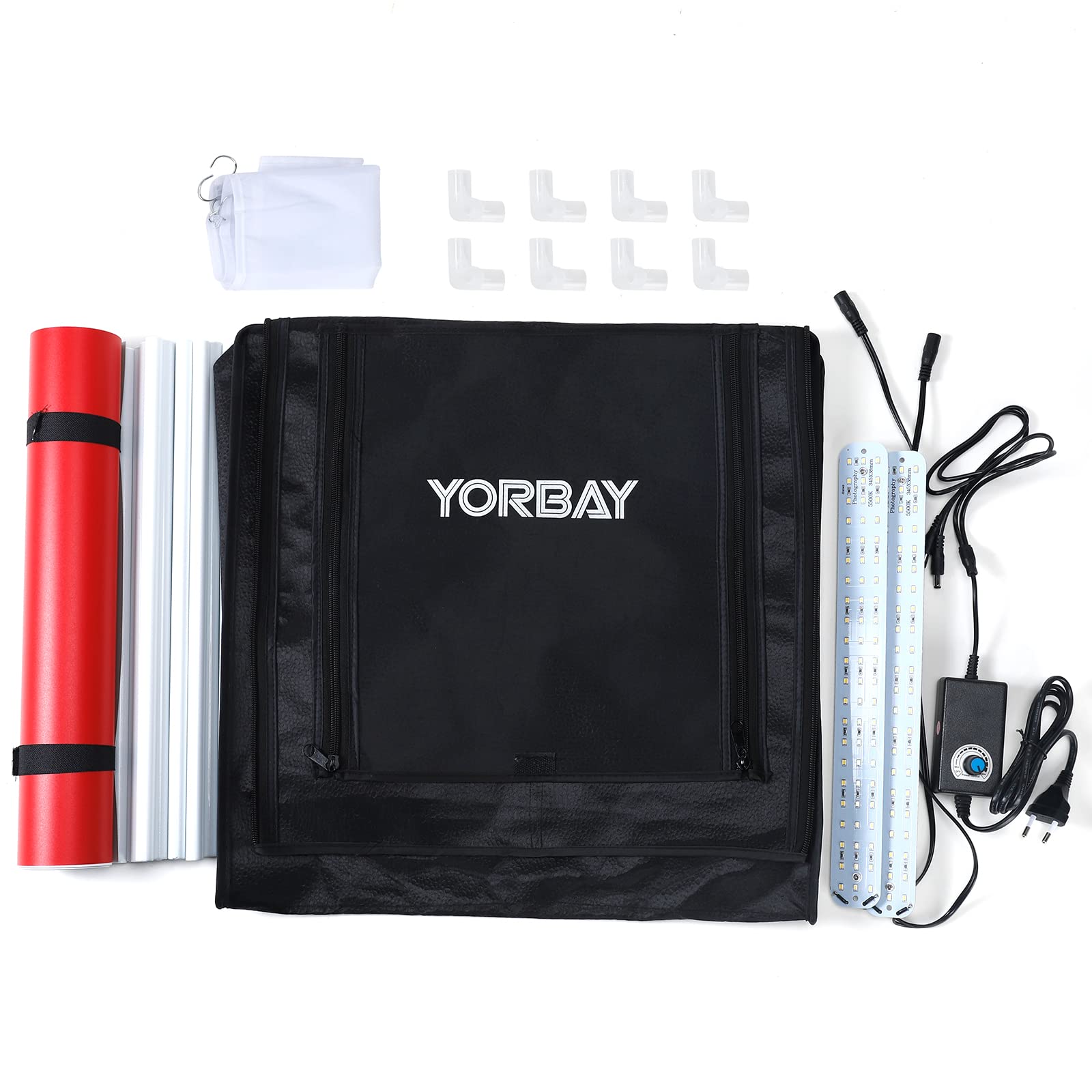Yorbay Tenda Studio Fotografico Luminosità Regolabile 40 x 40 x 40 cm CRI 95+, Fotografica a LED Scatola Luminosa Cubo Luminoso Professionale, 4 Fogli di Sfondo in PVC (Nero/Bianco/Grigio/Rosso)