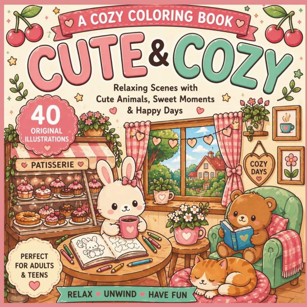 Cute & Cozy Colouring Book for Adults and Teens: Super Cute Animal Scenes, Sweet Cafés, Hygge Moments and Relaxing Pages