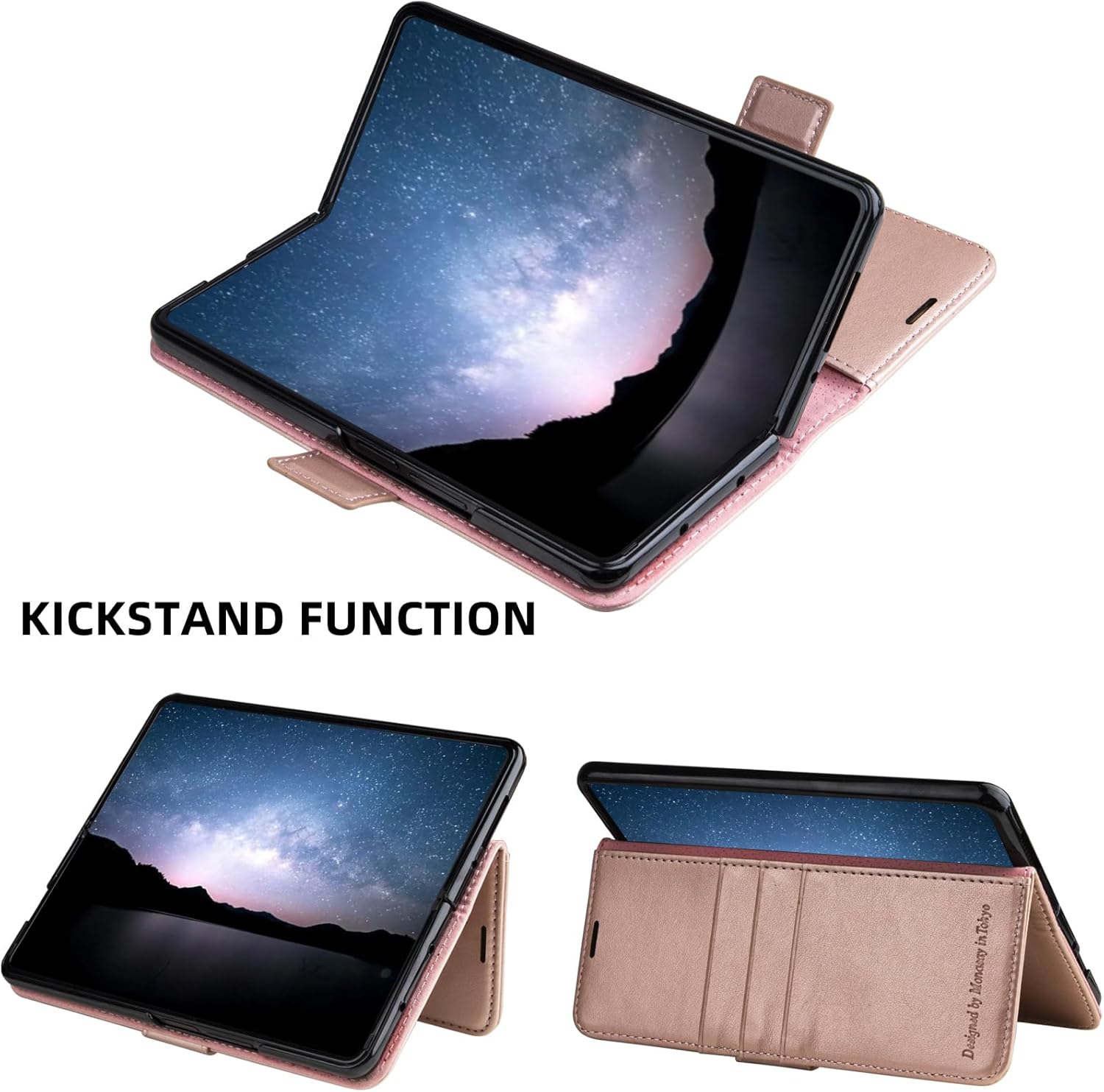 MONASAY Wallet Case Compatible for Galaxy Z Fold 5 5G with S Pen Holder, Flip Folio Leather Cell Phone Cover with RFID Blocking Credit Card Holder, Rosegold