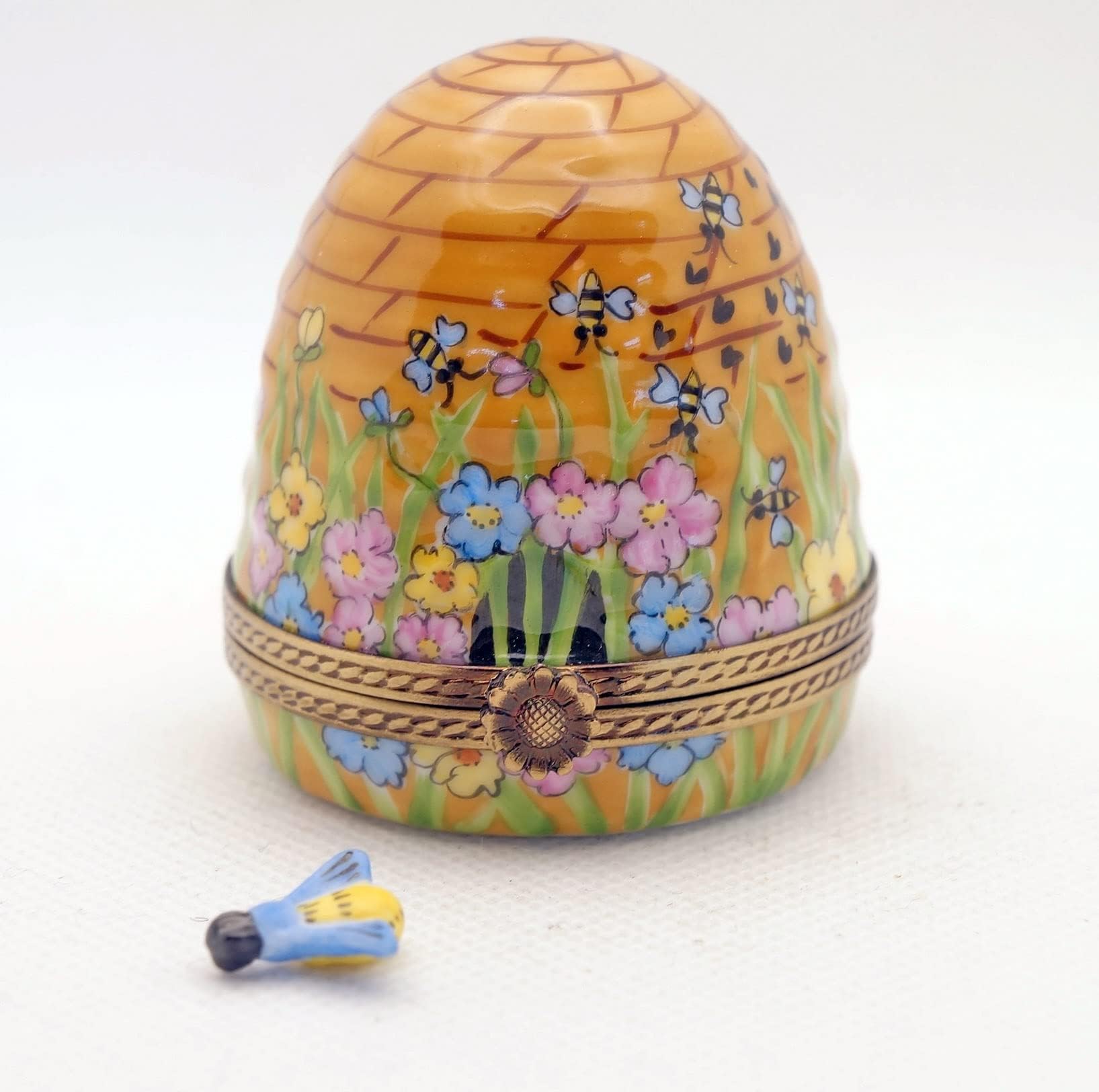 Authentic French Porcelain Hand Painted Limoges Trinket Box Amazing Colorful Beehive with Miniature Porcelain Removable Bee