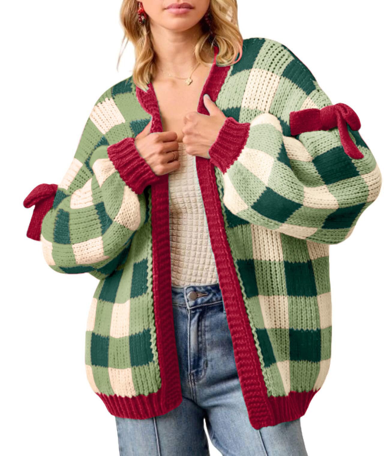 CHARTOU Women Checkered Chunky Knit Cardigan Sweater Oversized Balloon Long Sleeve Open Front Outwear Coat