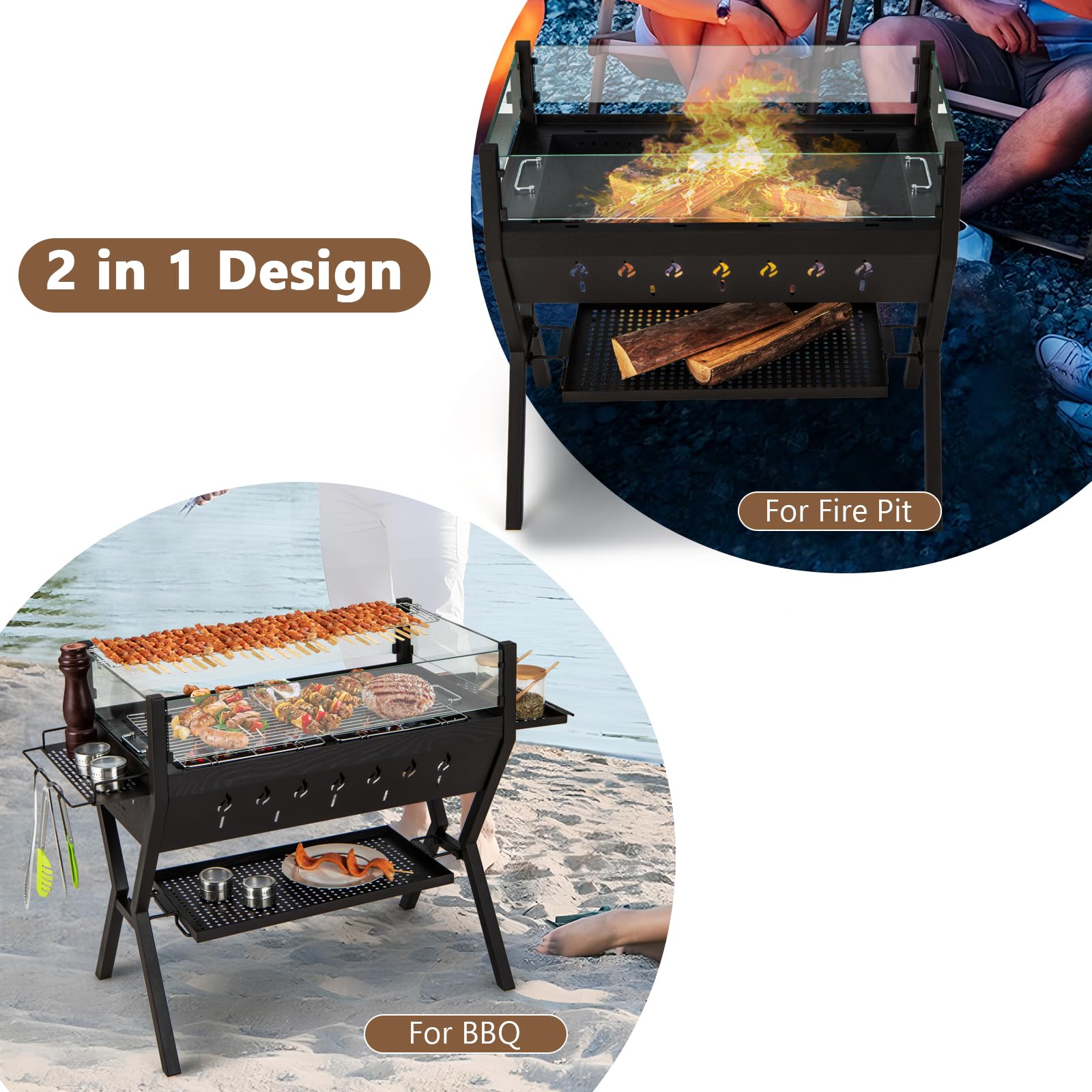 KOMFOTTEU Barbecue à Charbon de Bois, avec Pare-brise et Porte-épices
