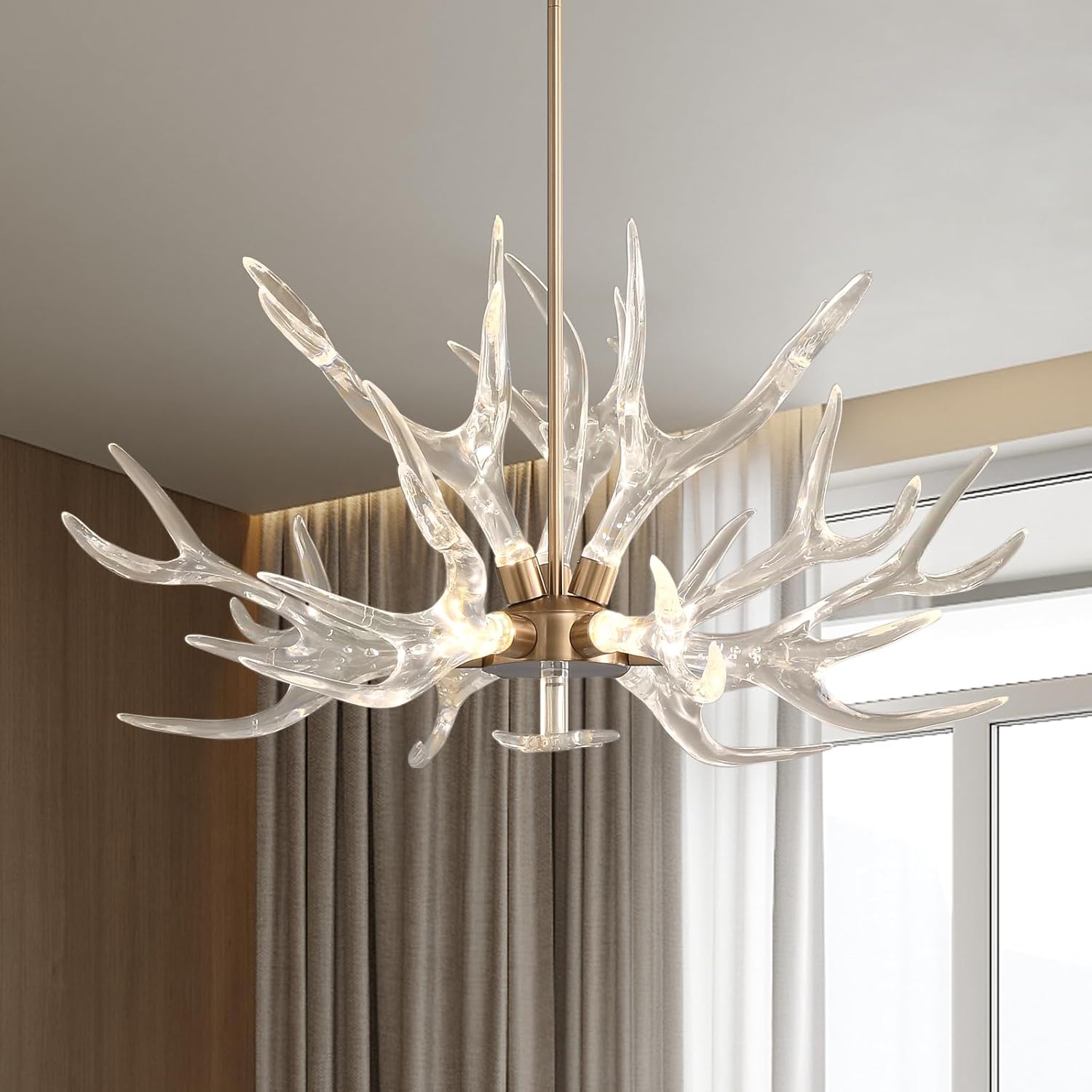 homary Antler Chandelier Resin Deer Horn Ceiling Light Fixture, 22W Gold Rustic Pendant Lighting 32.3" with Clear Shades for Dining Room Living Room Bedroom