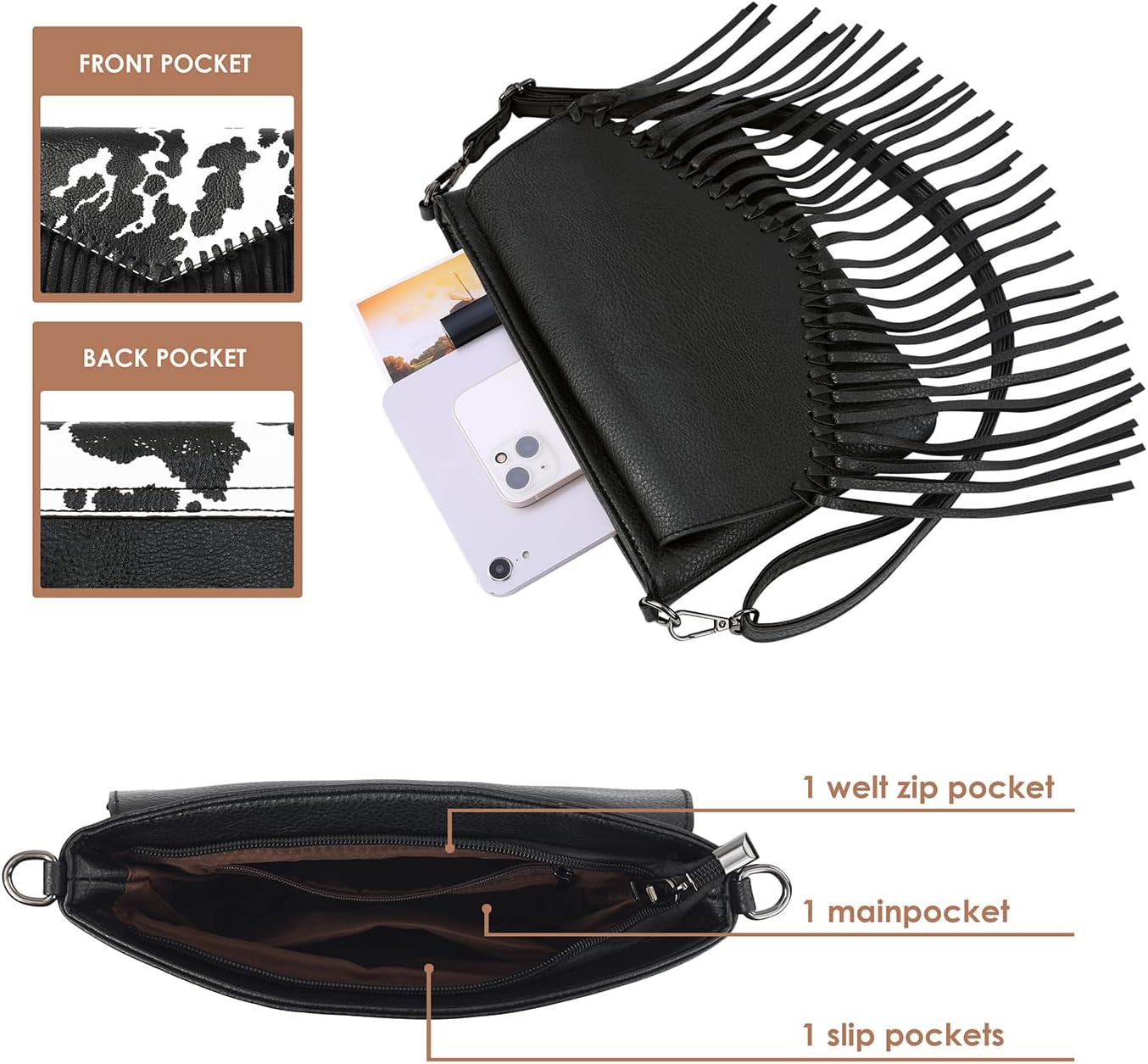 HDE Women's PU Leather Hobo Fringe Crossbody Tassel Purse Vintage Small Flap Envelope Handbag Western Sling Shoulder Bag
