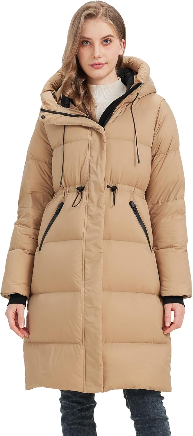 Women’s Thick Long Goose Down Coat Hooded Warm Winter Down Puffer Parka Jacket with Knee-Length Coverage