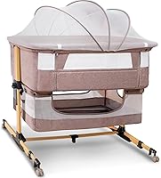 Vista 1 de Cuna para bebé, 3 en 1 Durmiente junto a la cama con colchón y laterales de malla, mosquitera, cesta de almacenamiento, con función de balanceo, 5