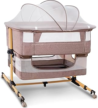 Baby Bassinet, 3 in 1 Bedside Sleeper with Mattress and Mesh Sides, Mosquito Net, Storage Basket, with Rocking Function, 5-Height Adjustable, Easy Assemble Crib for Newborn, Khaki