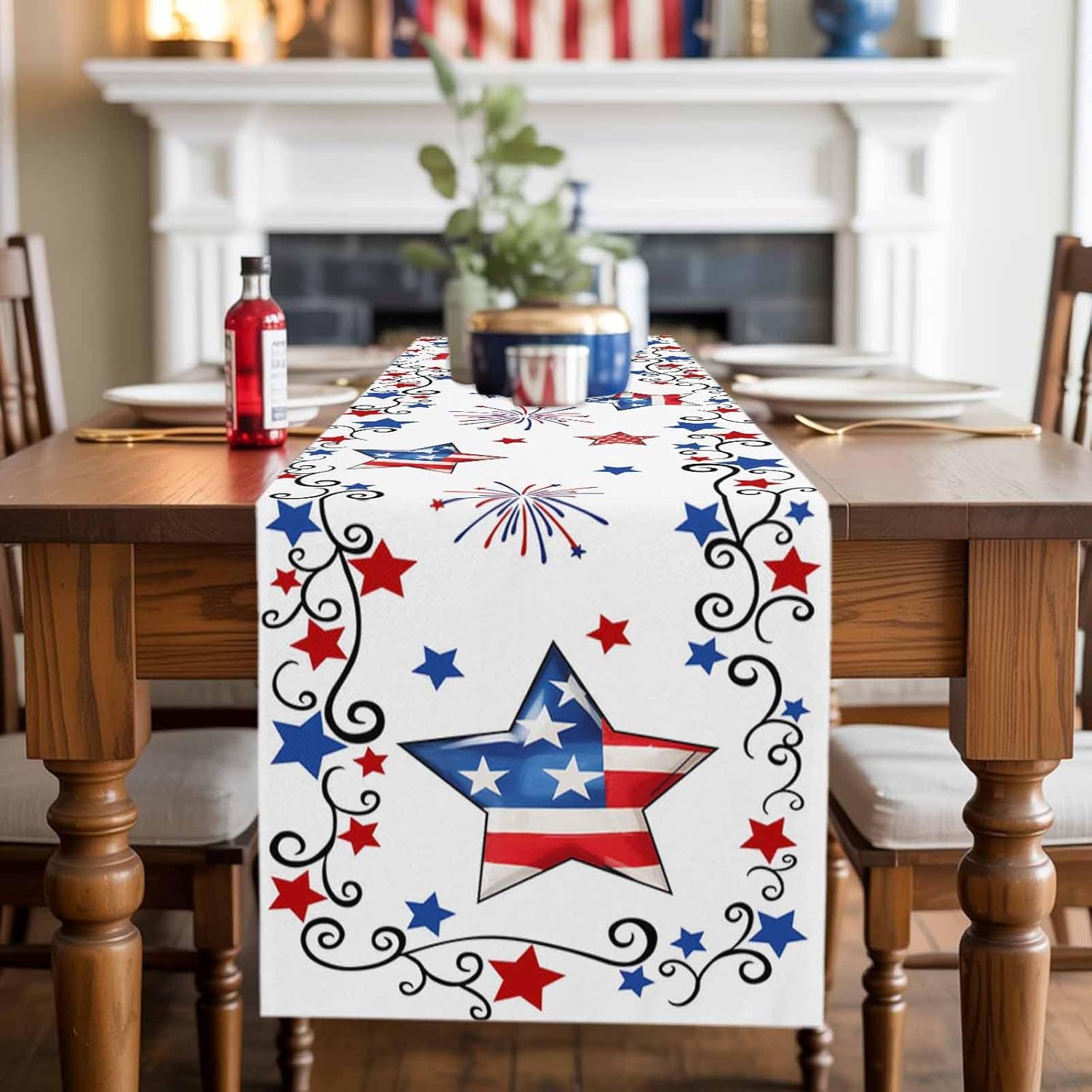 4th of July Table Runner, Patriotic Stars Fireworks Cotton Linen Holiday Table Decor for Home,Kitchen,Dining Room,Indoor,Outdoor,13X108 Inches Extra Long, Red White and Blue Freedom USA Flag