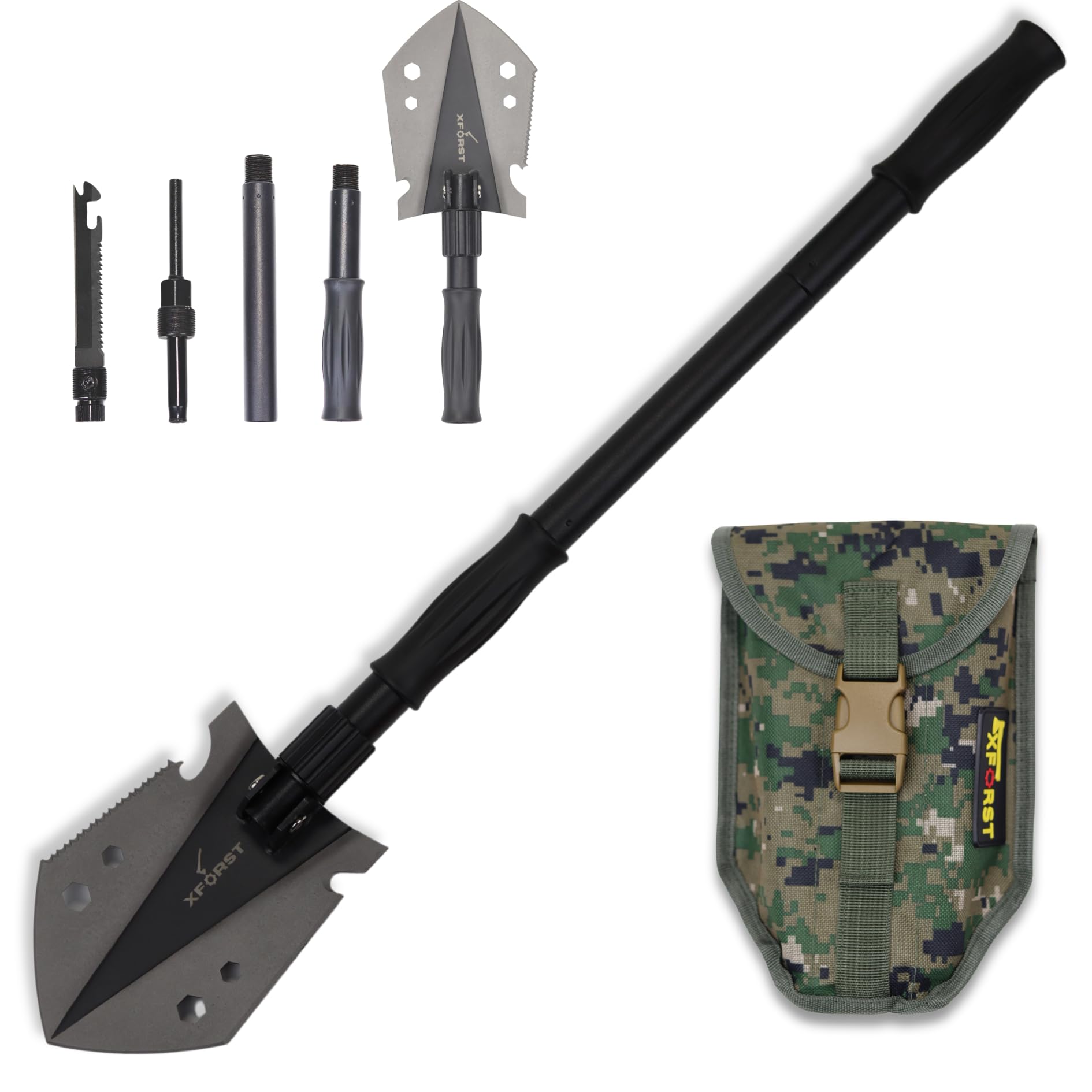 Xforst Multifunktionaler Klappspaten für Camping und Survival – Karbon-Stahl Schaufel mit 3 Längen Kombi, Survival-Säge, Feuerstein, Pfeife und Tasche – Offroad Zubehör