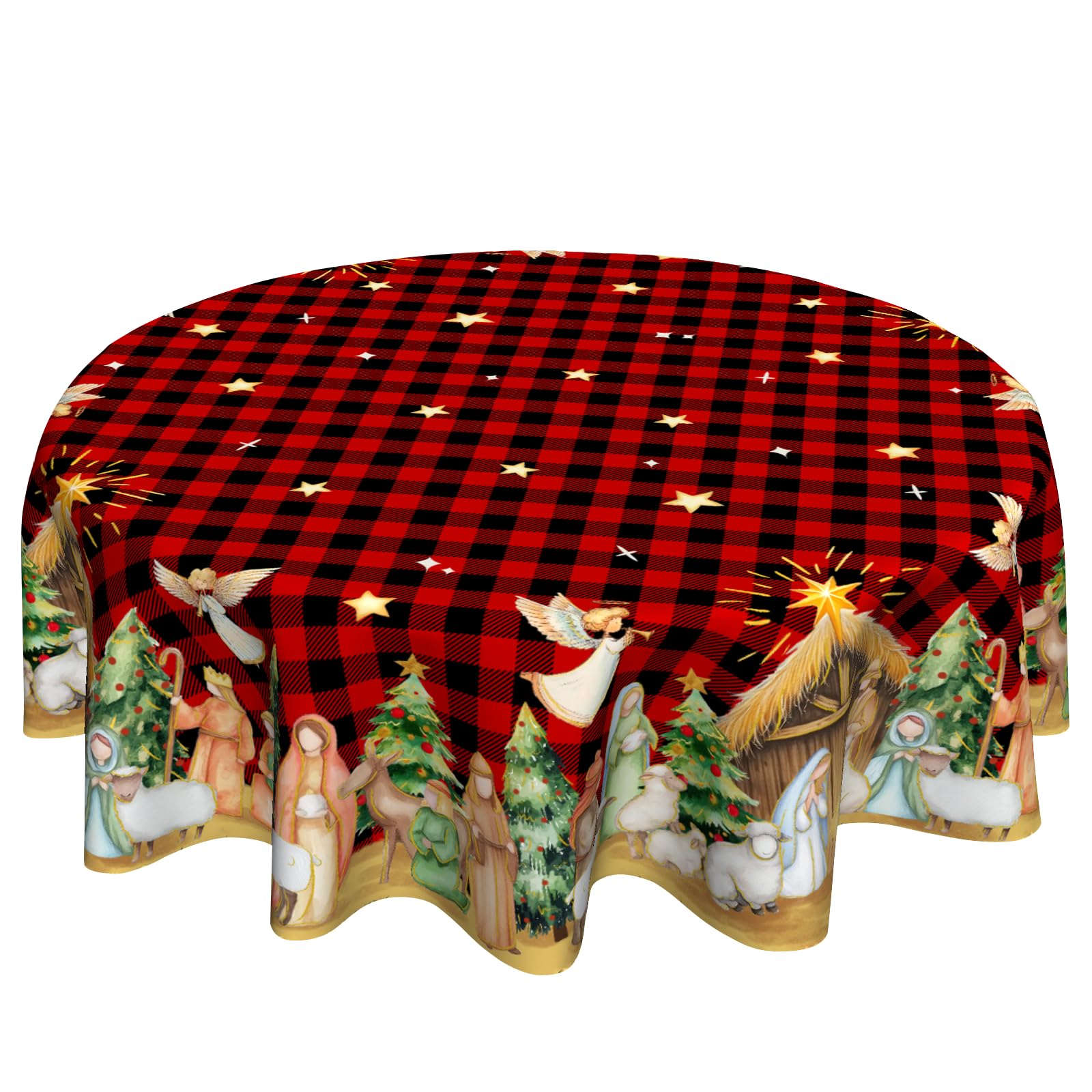 VentuCoven Merry Christmas Round Tablecloth 60 inch Christmas Nativity Table Cloth Xmas Tree Table Cloths Decorations for Home Kitchen Dining Red Buffalo Plaid