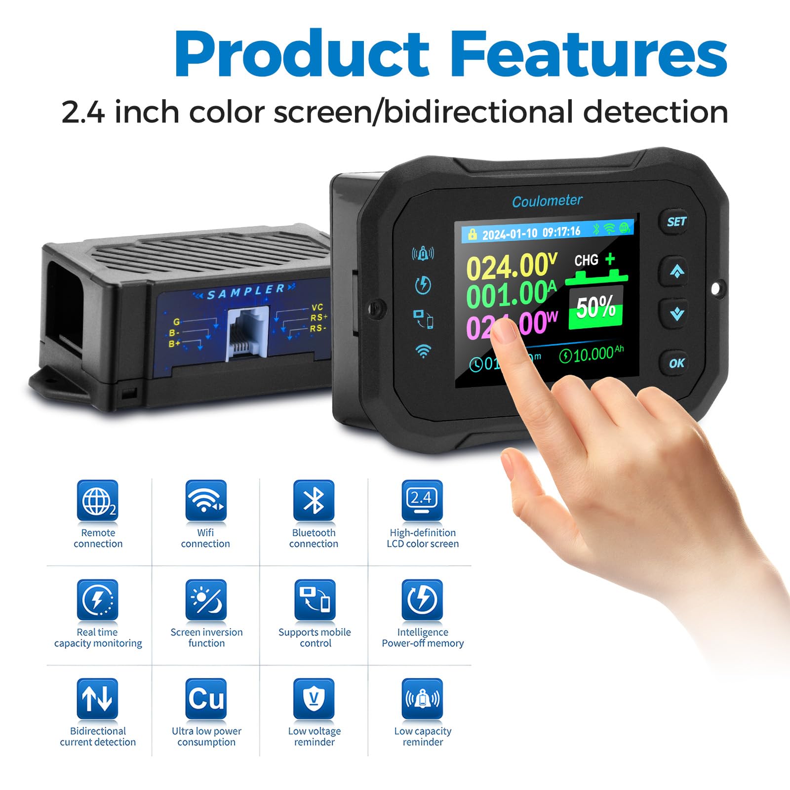 Batteria Capacità Monitor 100A 12V 24V 36V 48V 60V 72V Battery Meter Multifunzione monitor per batterie Display LCD WIFI da 10–100V con Allarme del sensore di temperatura.