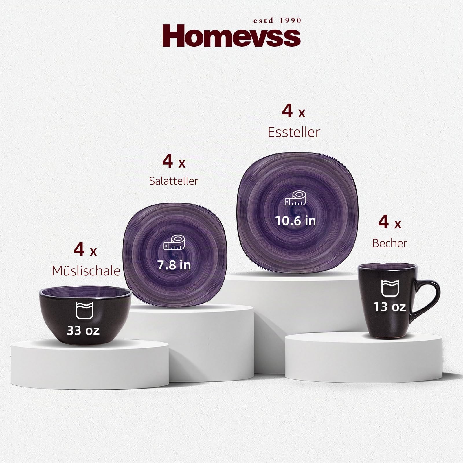 Quadratisches Geschirr-Set 16-teilig, für 4 Personen, Set aus Tellern und Schalen in Lila und Schwarz, mikrowellen- und spülmaschinenfest