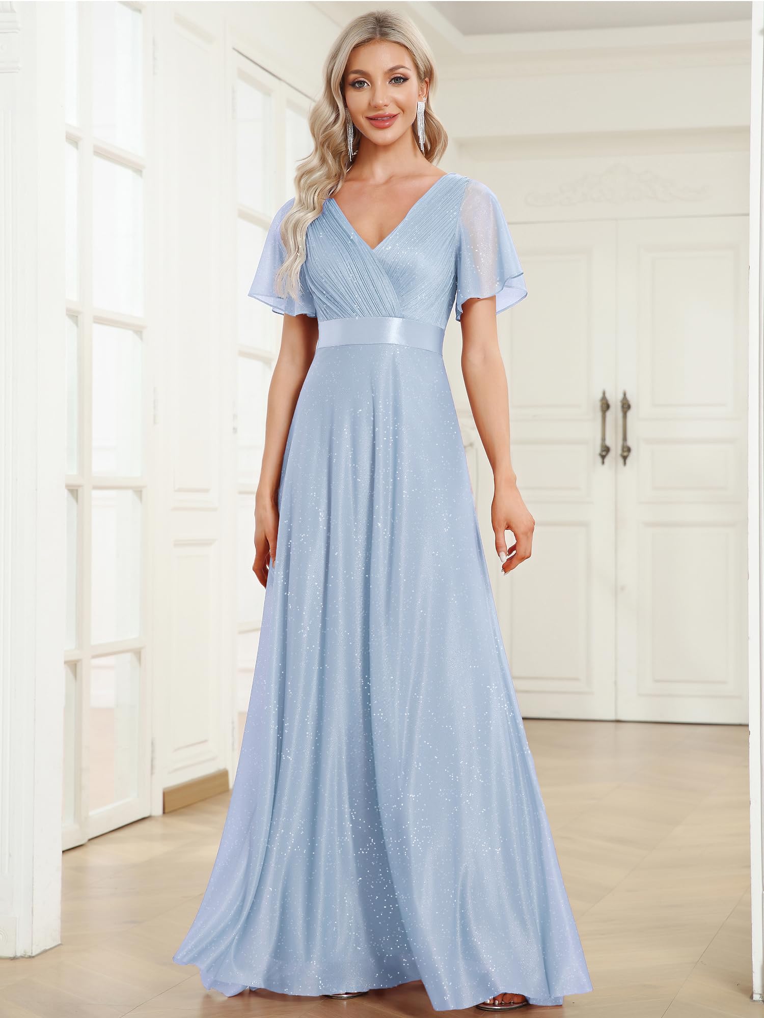 Ever-Pretty Vestido de Fiesta A-línea Largo para Mujer Escote en V Manga Corta Plisado con Lentejuelas EE50159