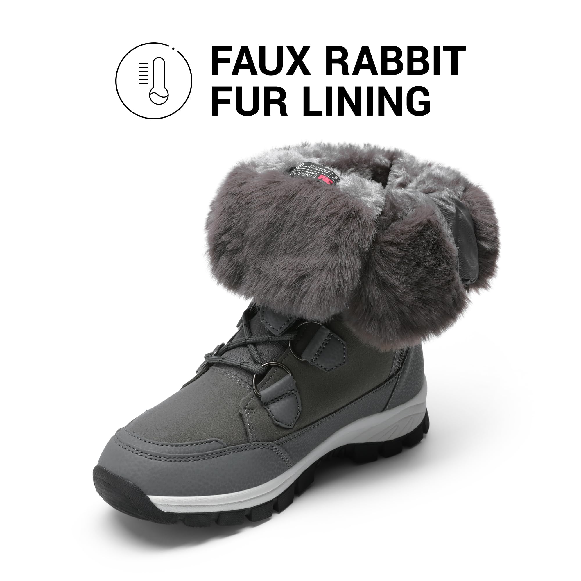 DREAM PAIRS Women's Waterproof Winter Snow Boots, Warm Comfortable Faux Fur Insulated Non-Slip Outdoor Lace-Up Florin Mid Calf Booties: 6 Dark/Grey