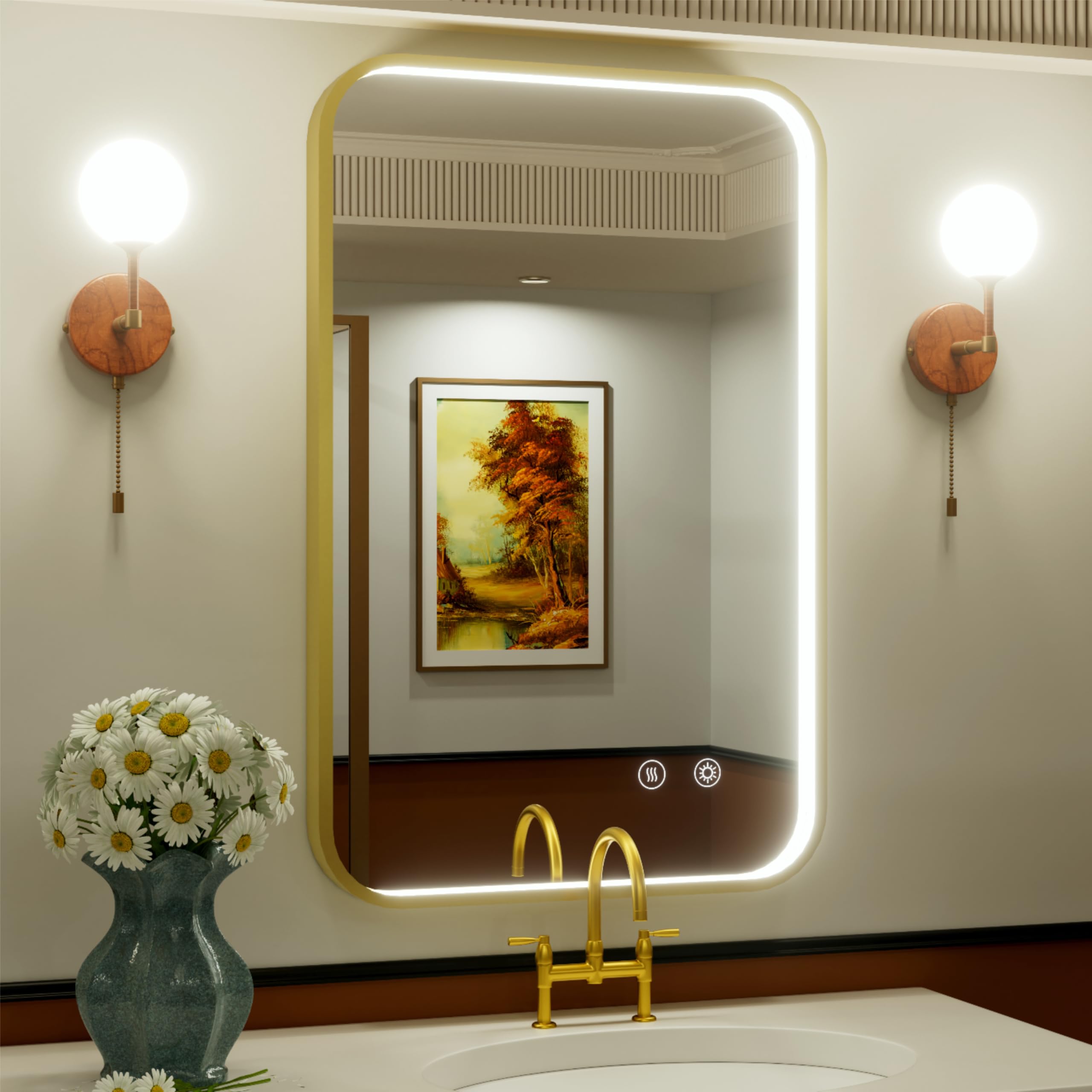 24x36 Inch Gold LED Mirror for Bathroom with Lights, Adjustable 3000K/4500K/6000K, Wall Mounted Lighted Bathroom Vanity Mirror, Stepless Dimmable, Anti-Fog, Memory, Horizontal/Vertical