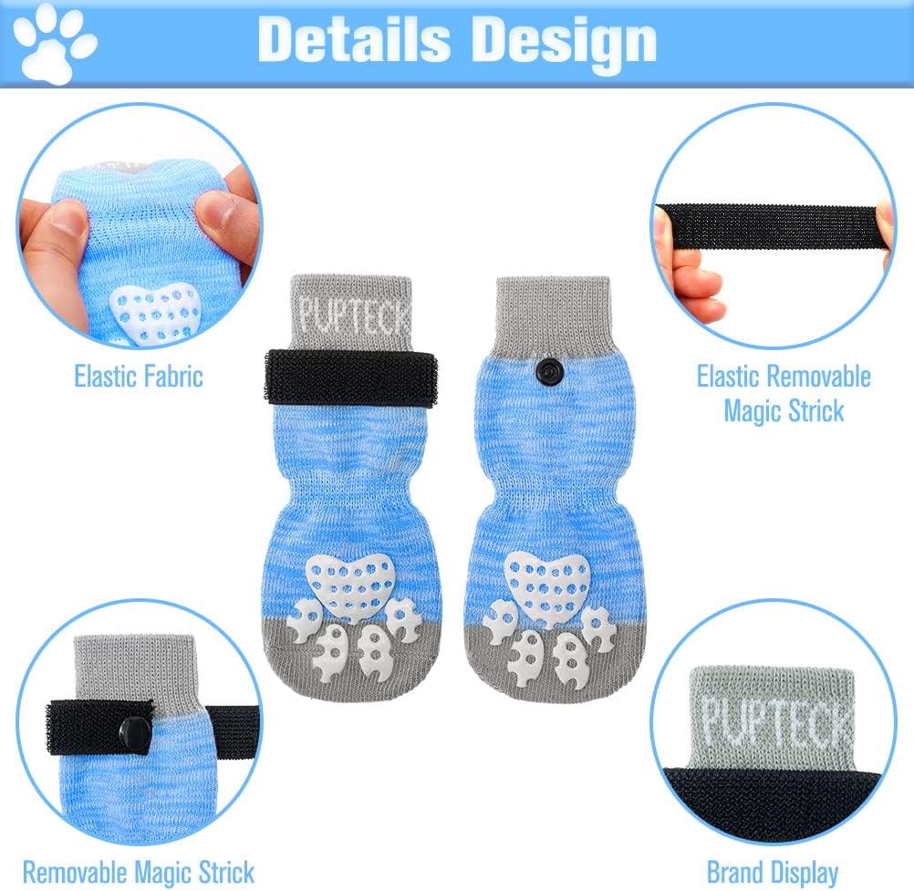 PUPTECK Double Side Anti-Slip Dog Socks with Adjustable Straps for Indoor Wear - 2 Pairs Pet Paw Protection Traction Control Socks on Hardwood Floor, Medium Blue