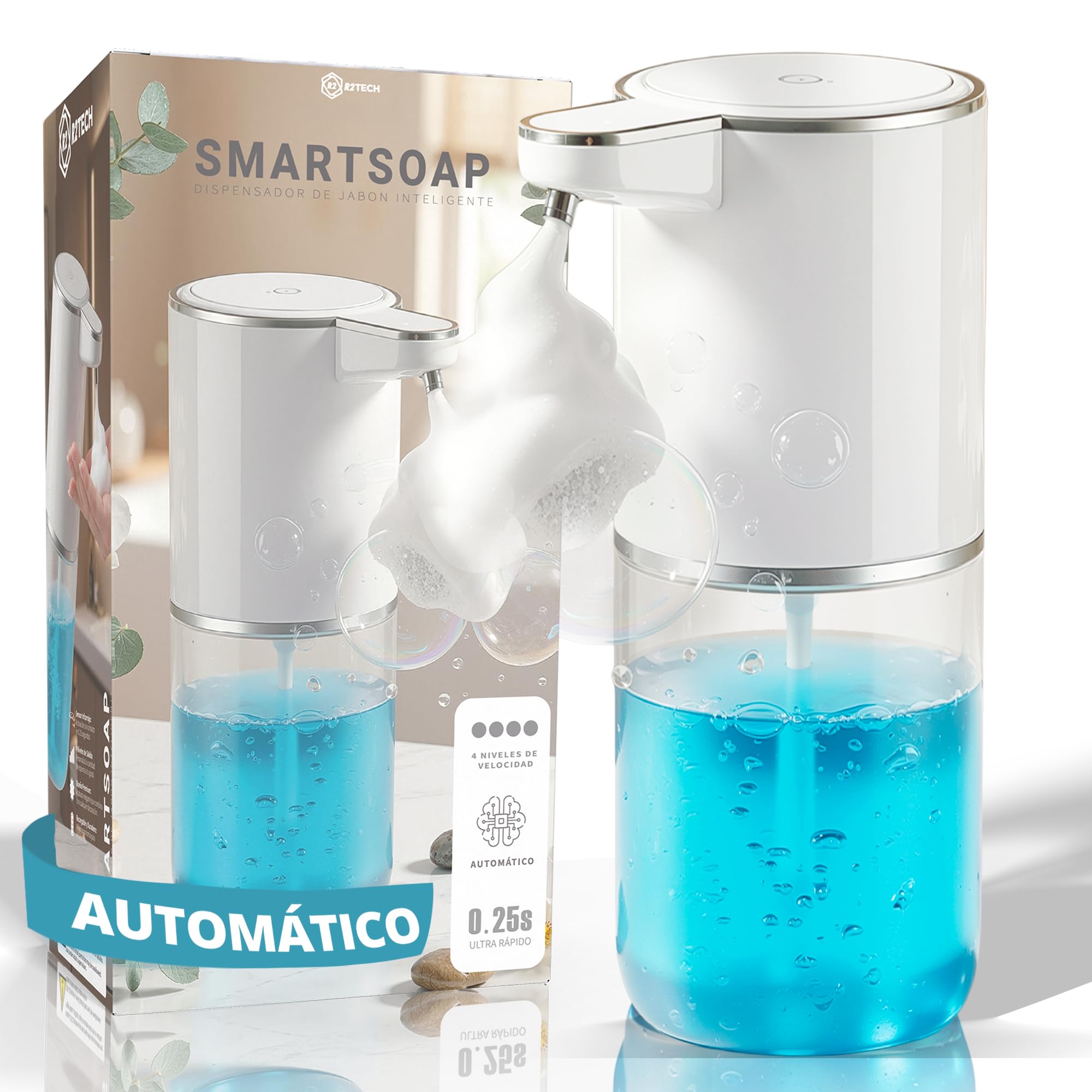 Dispensador Jabon Baño y Cocina Automático, Sin Taladro 380ml