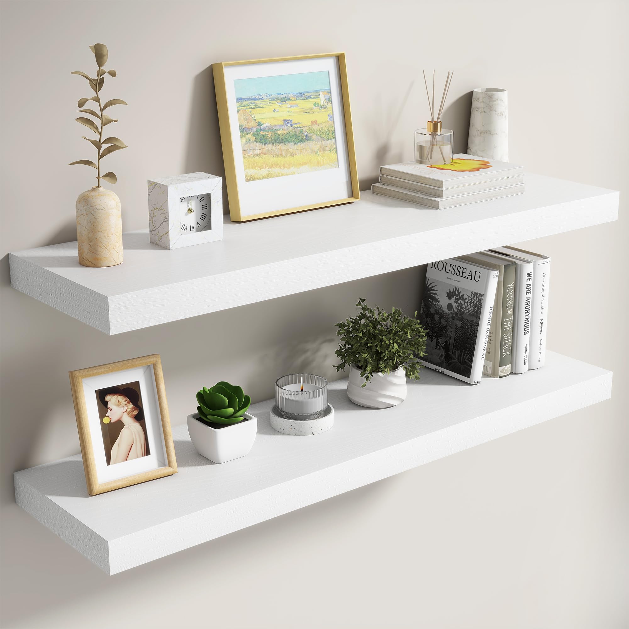 Dreamland 40 Inch White Floating Shelves for Wall,8 Inch Deep Floating Shelves,40" W x 8" D Wall Shelves for Bedroom,Living Room, Kitchen,Bathroom,Set of 2