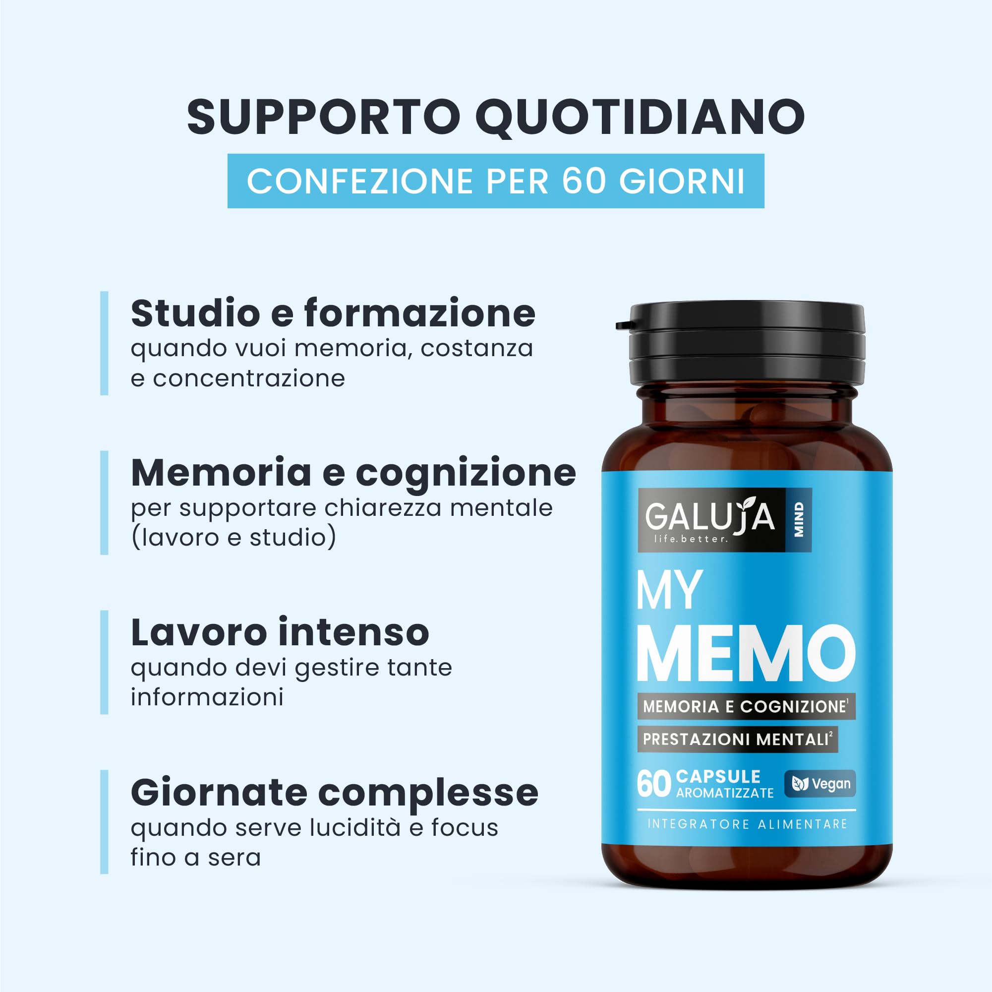 My Memo - Integratore Memoria e Cognizione - Bacopa Monnieri 450 mg (Bacosidi 90 mg) - 60 giorni (60 caps) - Vegan, senza glutine e lattosio, aroma pesca - Vitamine B5 B6 B12 Folato