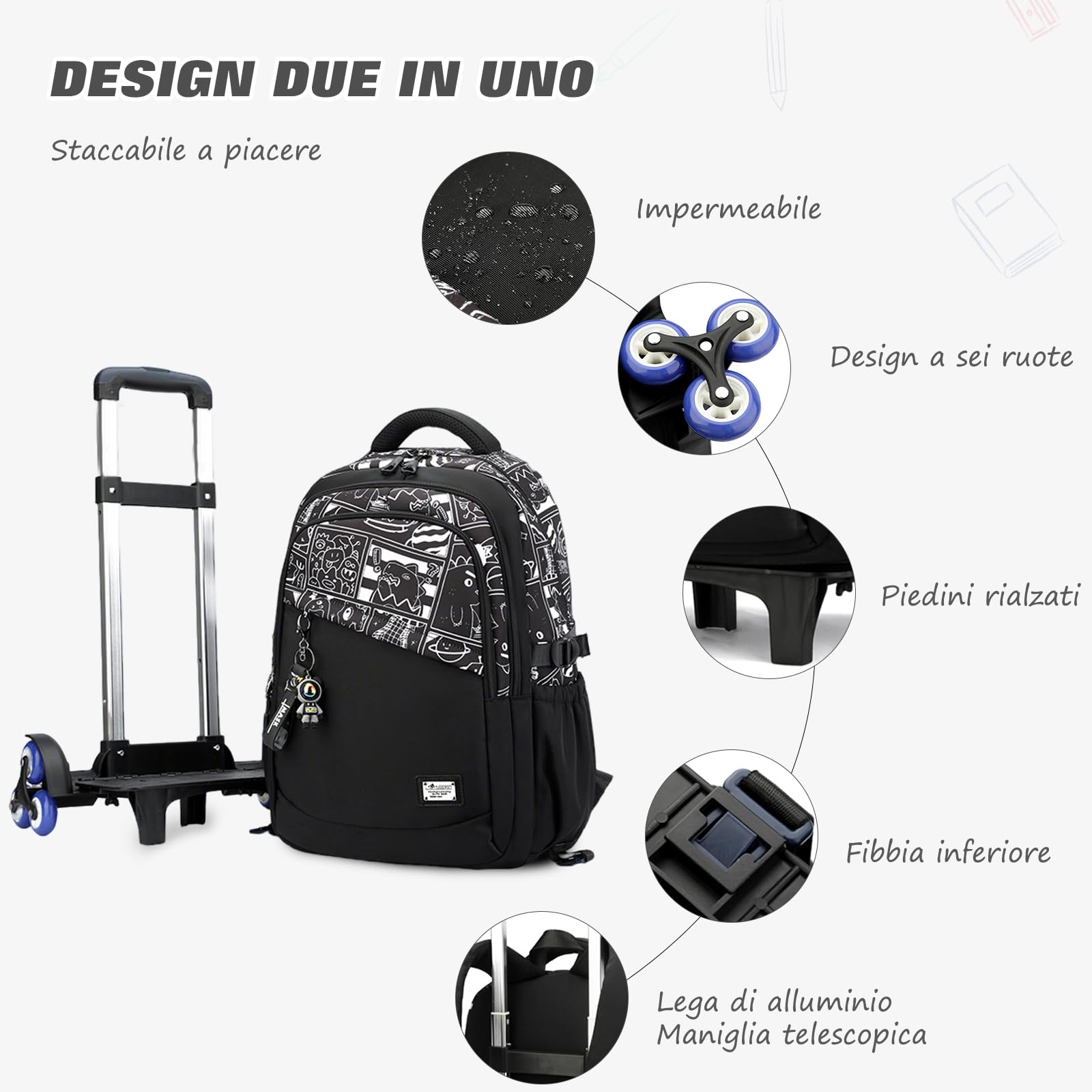 FANDARE 2-in-1 Zaino Trolley Scuola Sganciabile Nero Cartelle Zaini Elementare e Media da 35 Litri con 6 Ruote Doppio Uso Zaino con Carrello Fisso Zaini da Viaggio per Ragazza Ragazzo Adolescente
