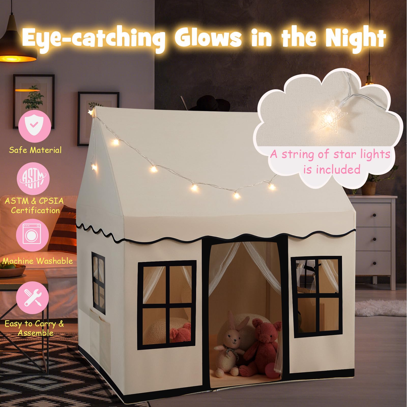 HOMASIS Tenda per Bambini in Cotone, Casa da Gioco per Bambini con Luci Stellari, Borsa per il Trasporto, Tappetino, Regalo per Ragazzi e Ragazze, Tenda da Gioco Interni e Cameretta (Beige+nero)