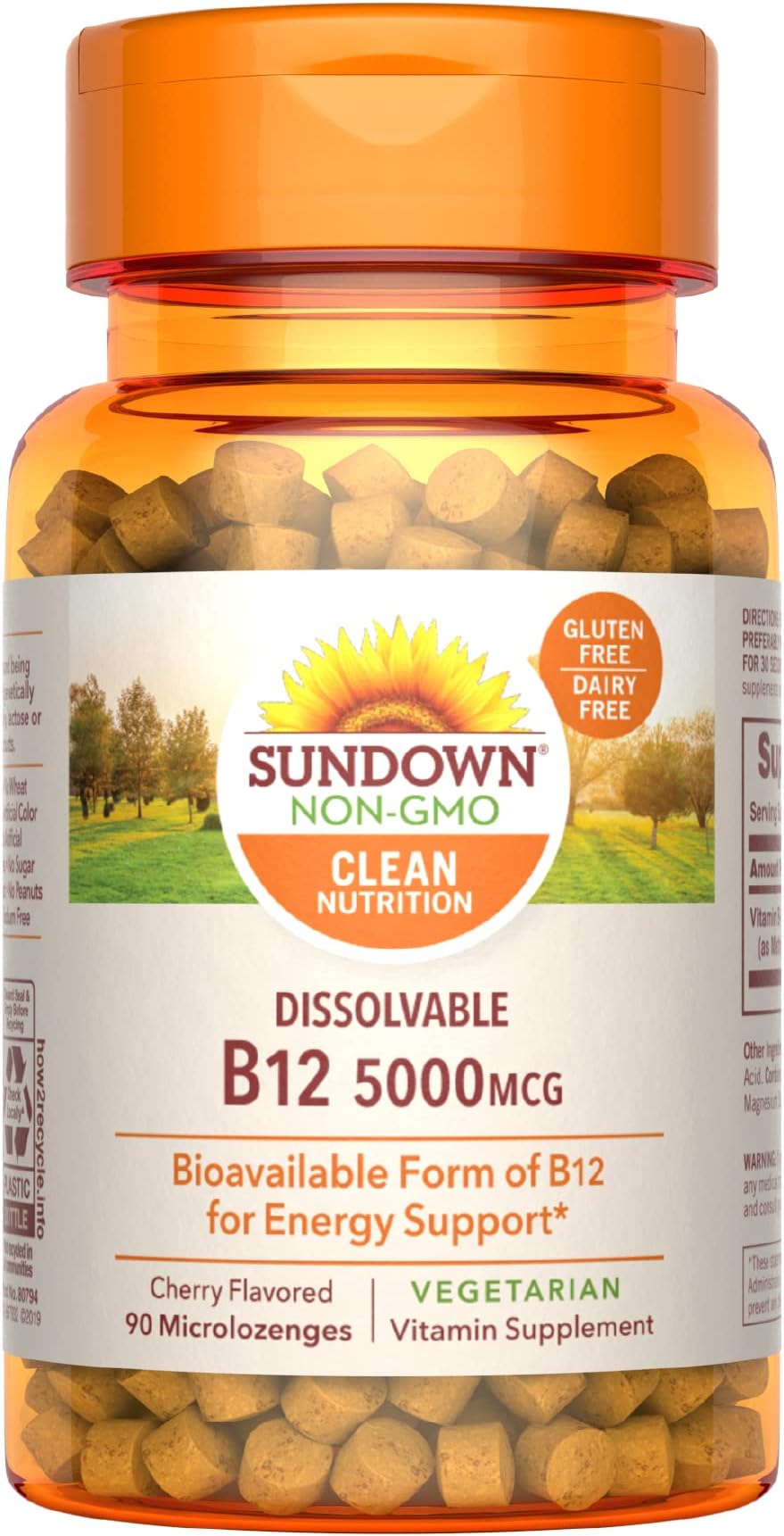 Sundown Methylcobalamin B12, For Cellular Energy Support, Vegetarian, Non-GMO, Free of Gluten, Dairy, Artificial Flavors, 5000 mcg, 90 Microlozenges