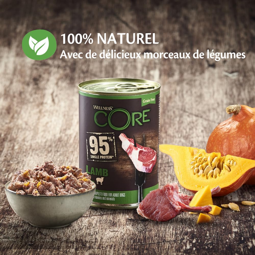 Wellness CORE 95% 6 x 400g, Agneau/Potiron – Pâtée pour Chiens Adultes, sans Céréales, Naturelles, Hypoallergénique, Riche en protéines, À Haute Teneur en Viande,