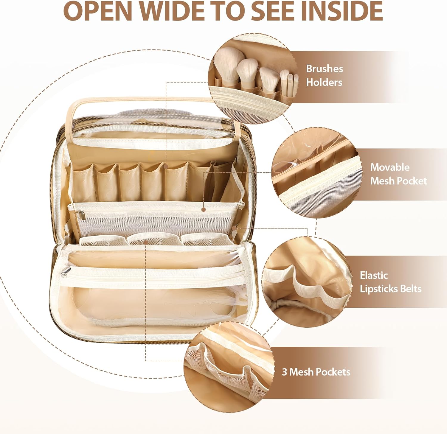 Makeup Bag, Large Capacity with Room for Brushes and Mirror, Travel Makeup Organizer, Portable Standing Make Up Case, Waterproof Cosmetic Toiletry Bags with Handle, Color Brown - Image 5