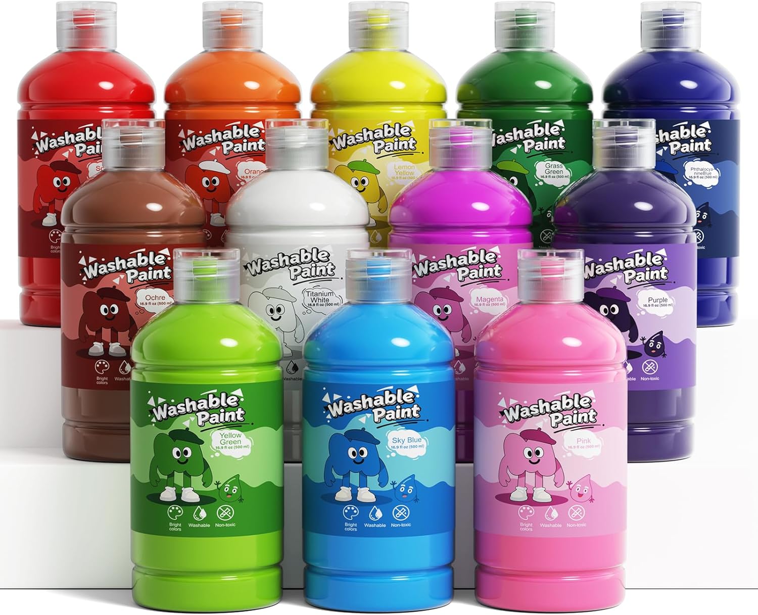 NewFamily Washable Paint Set, 12 Colors x 500ml (16.9 fl oz) Large Bottles, Bulk 6L Non-Toxic Poster/Tempera Paint for Paper, Cardstock, Canvas, Classroom Art & Crafts