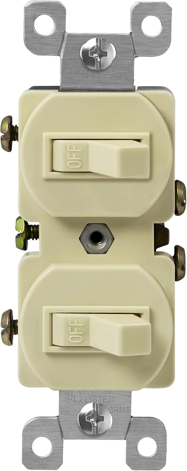 ENERLITES Duplex Double Toggle Light Switch, Single Pole, Side, Copper Wire Only, Grounding Screw, Residential Grade, 15A 120V, UL Listed, 82150-I, Ivory