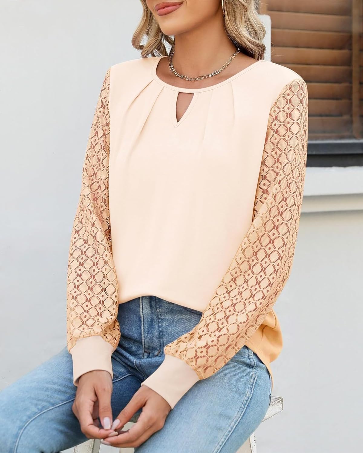 Womens Long Sleeve Shirts V-Neck Lace Tops Business Casual Blouses Tee Trendy 2024 Fall Fashion Shirt - Image 2