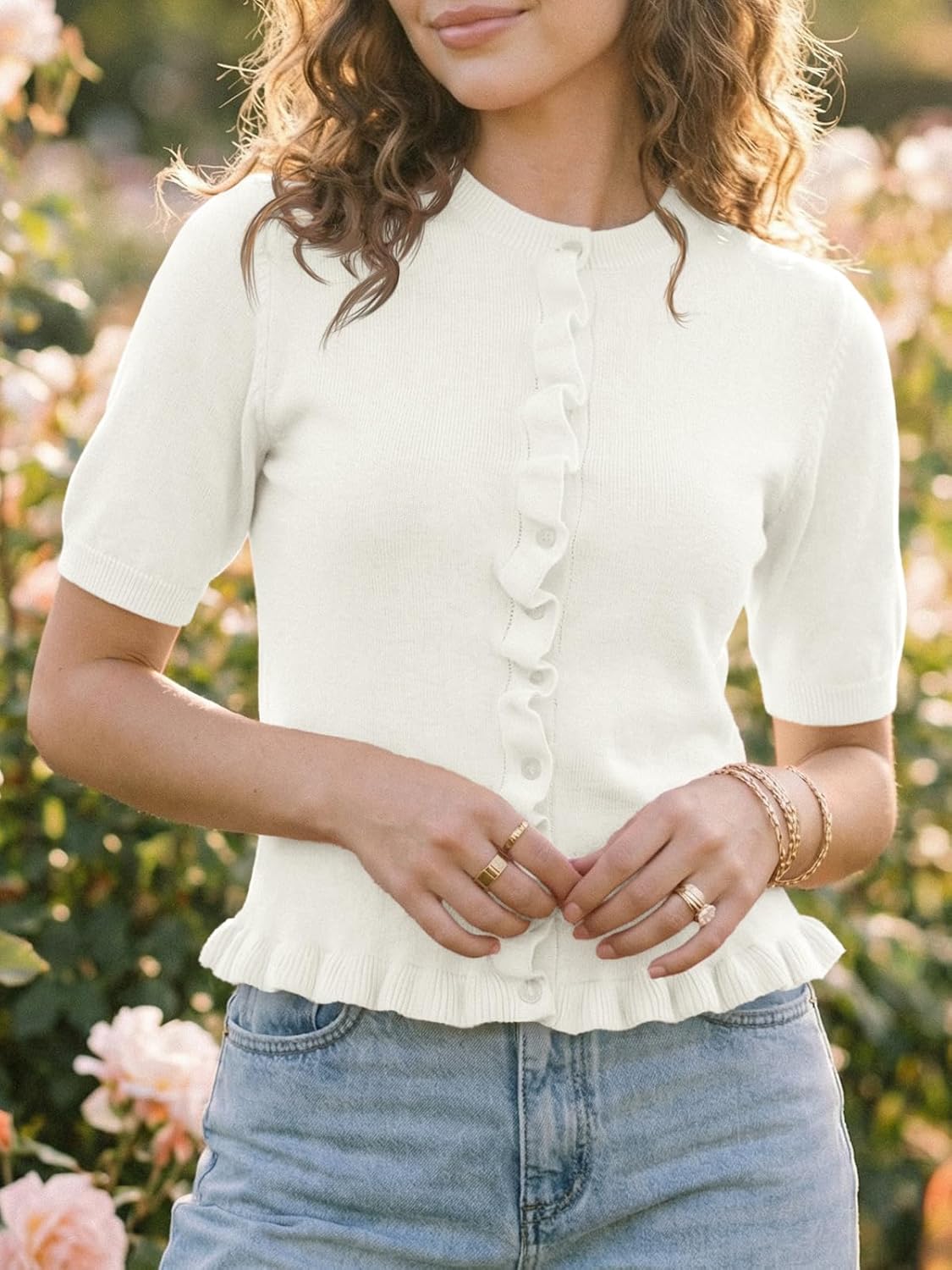 Saodimallsu Womens Ruffle Cardigan Puff Short Sleeve Cute Summer Button Down Lightweight Soft Knit Crewneck Sweater Tops - Image 3