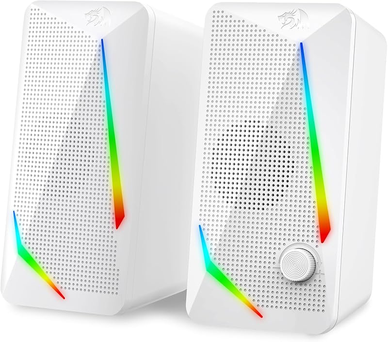 GS510 RGB Wired Desktop Speakers, 2.0 Channel Stereo Sound, White | 4 Colorful LED Backlight Modes, Enhanced Bass, Easy-Access Volume Control, Plug & Play USB Powered PC Gaming Speaker