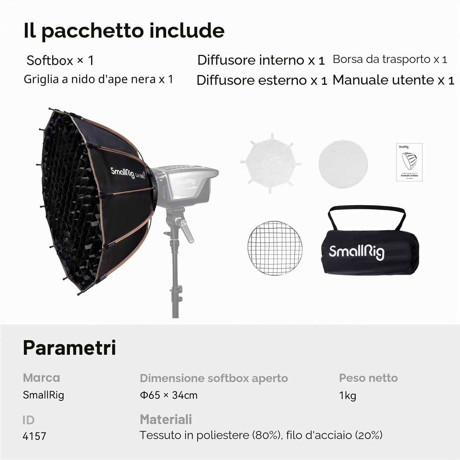 SMALLRIG Softbox Parabolico 65cm LA-D65 Softbox a Sgancio Rapido per Luci COB Bowens Mount - 4157