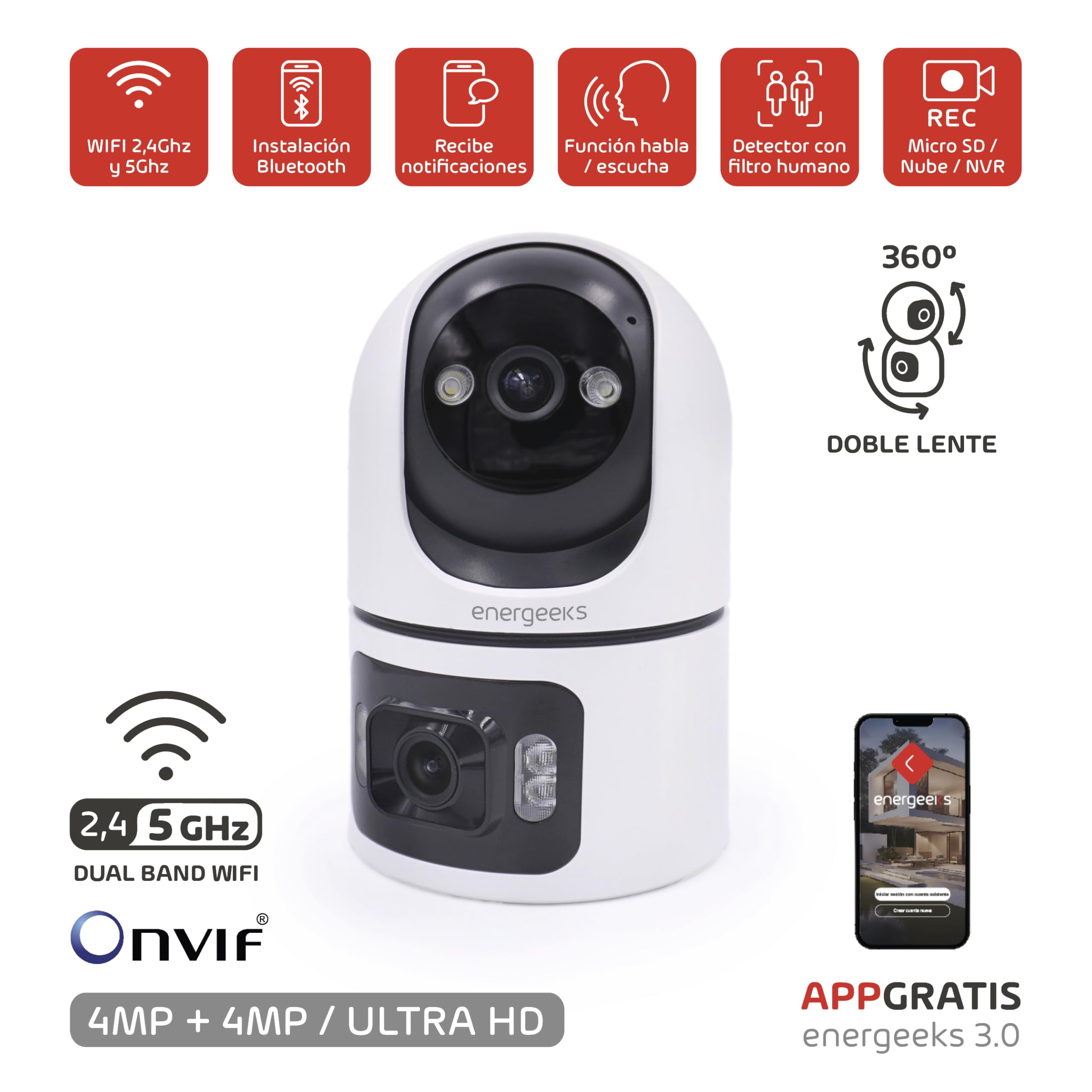 energeeks Sentinel Duo - Cámara Vigilancia WiFi Interior - 2,4/5GHz - Doble Lente 4MP+4MP - Motorizada 360º - Autotracking - Bluetooth - Detección Humanos y Sonido - Sirena y Luz LED - ONVIF