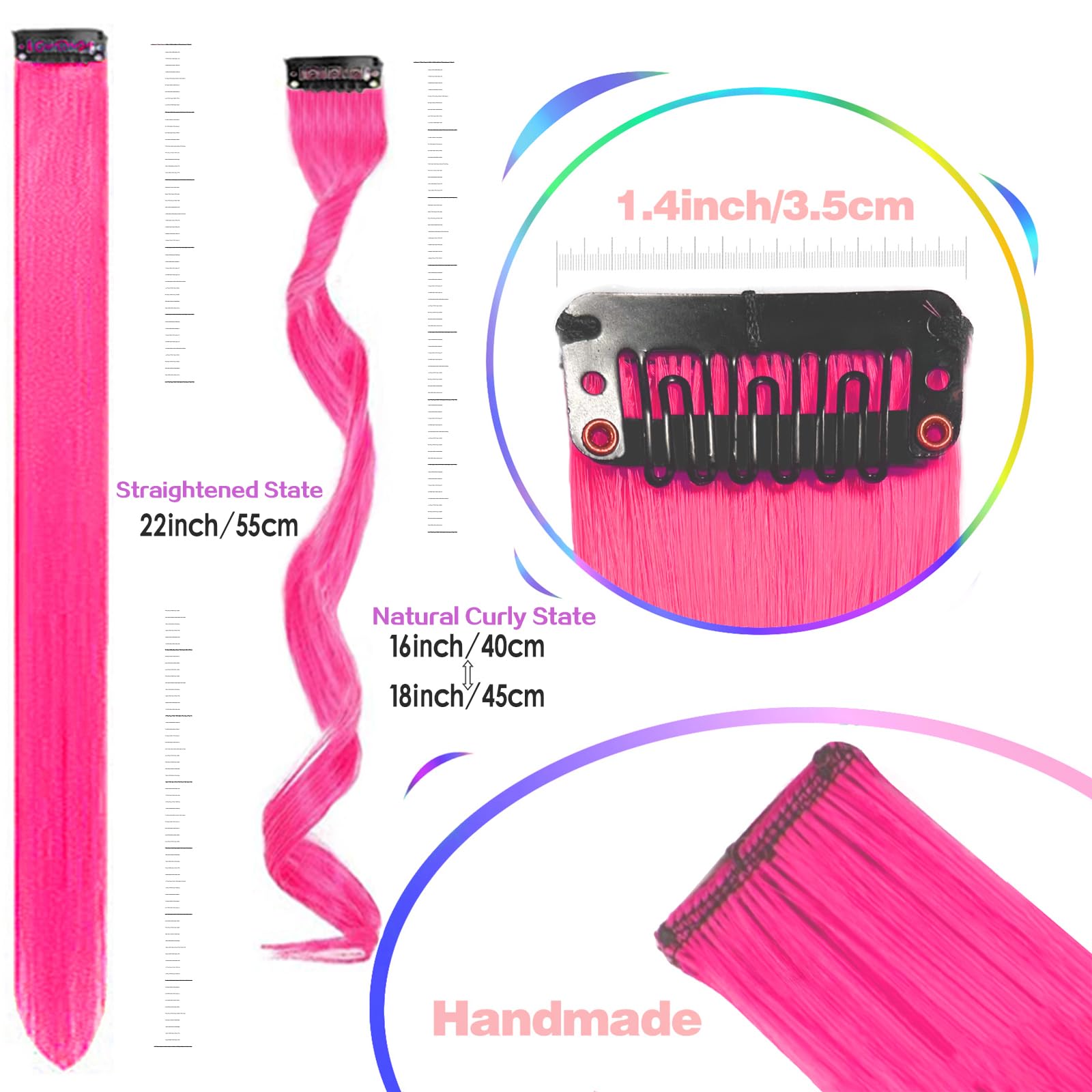 12 extensiones de cabello con clip, color rosa intenso, extensiones rizadas y onduladas de color para niños y niñas, extensión sintética con reflejos para fiestas, 17 pulgadas 3