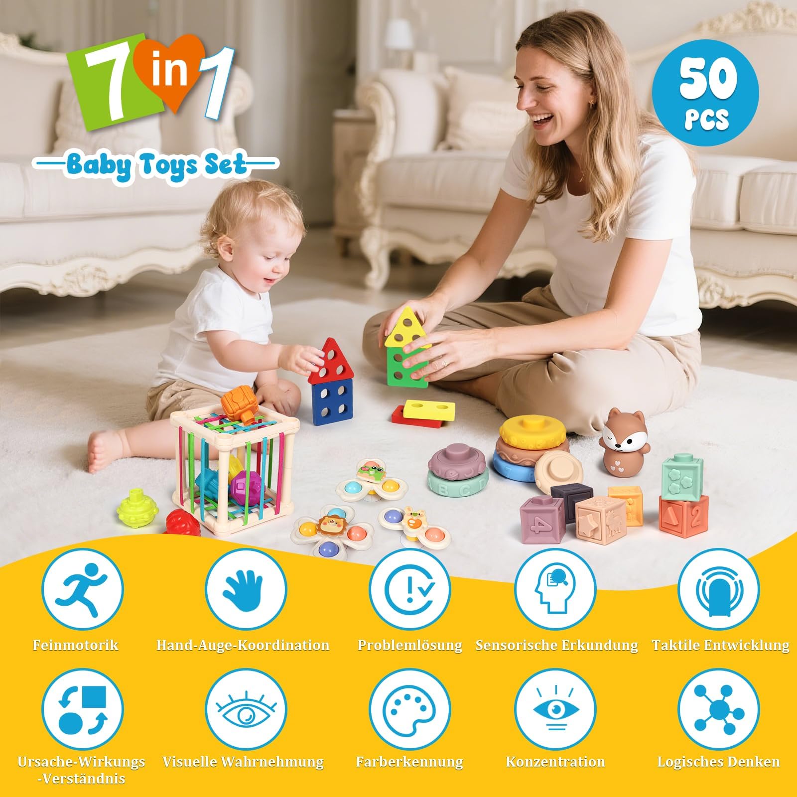 LearnToy Montessori Set Attività 7 in 1 per Bambini 18-36 Mesi - Giocattoli con Blocchi impilabili, Massaggiagengive e Gioco Sensoriale, Idea Regalo
