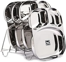 Next Future, Set of 4, 20 Gauge Heavy Duty, Mirror Polish, 3 in 1 Partition Plate Stainless Steel Kitchen and Dining Deep Compartment Divided Dynasty Plate/Thali/Bhojan Patra (Large, 4)