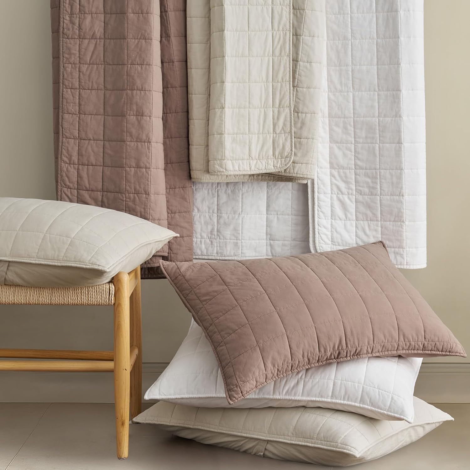 EVERGRACEHOME 100% Cotton Box Stitch Quilt Bedding Set Queen Size 3 Pieces, Garment-Washed Lightweight Soft Cozy Coverlet, Quilted Bedspread Sets with 2 Shams for All Season, Clay - Image 7