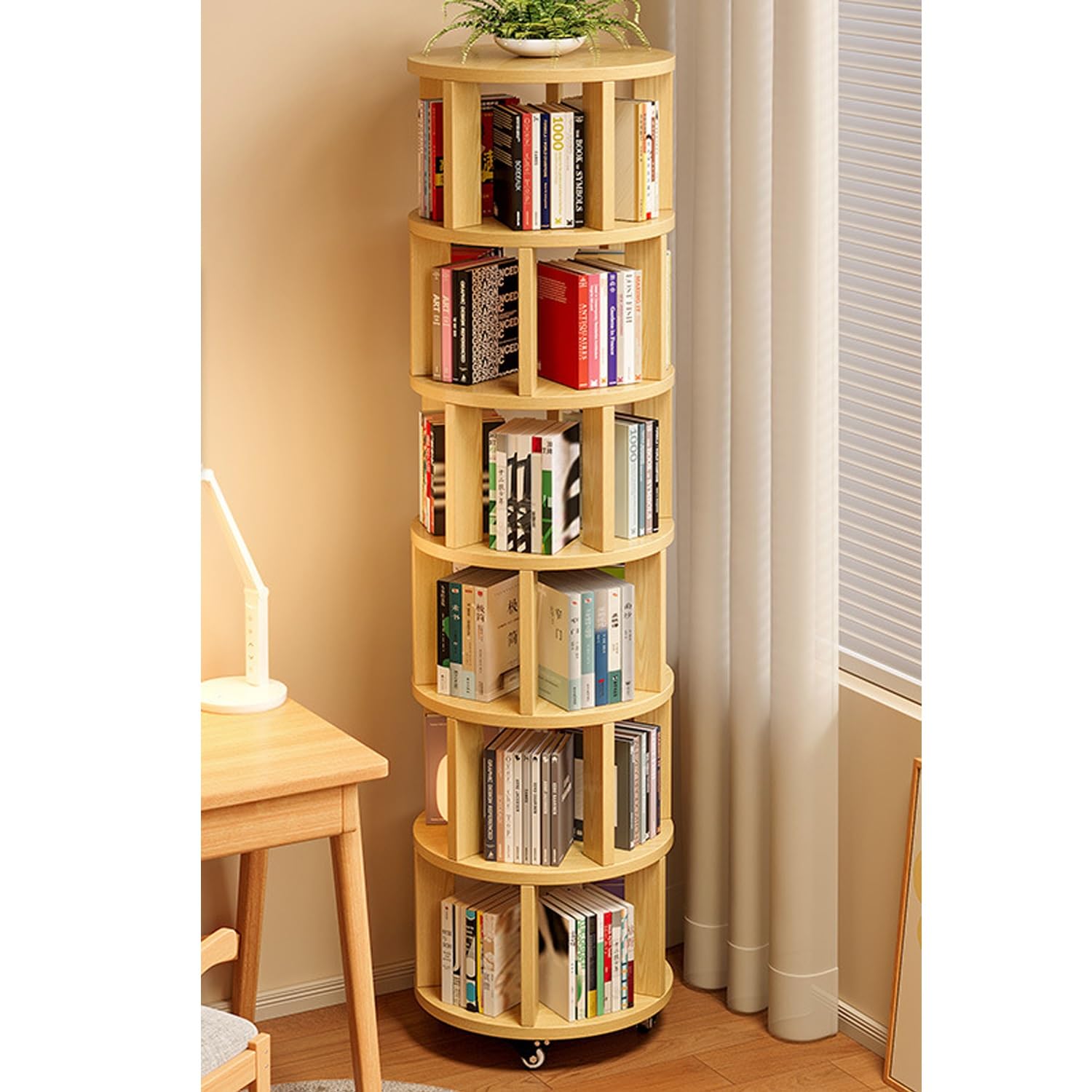 Rotating Bookshelf Tower 2/3/4/5/6 Tier Wood Rotating Bookshelf Wooden Book Shelf Standing Storage Rack, Narrow Tall Bookshelves Ideal For Small Spaces Living Corners(Wooden,6 Tier)