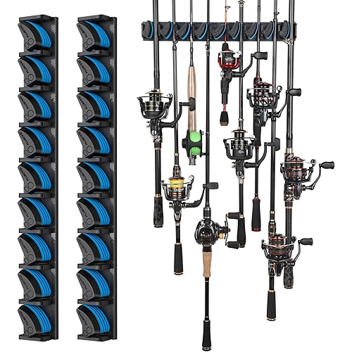 PLUSINNO 2 pack Vertical Fishing Rod rack, Wall Mounted Fishing Rod holder, 2 Packs Fishing Pole Holders Hold Up to 18 Rods or Combos, Fishing rod holders for garage, Fits Most Rods of Diameter 3-19mm
