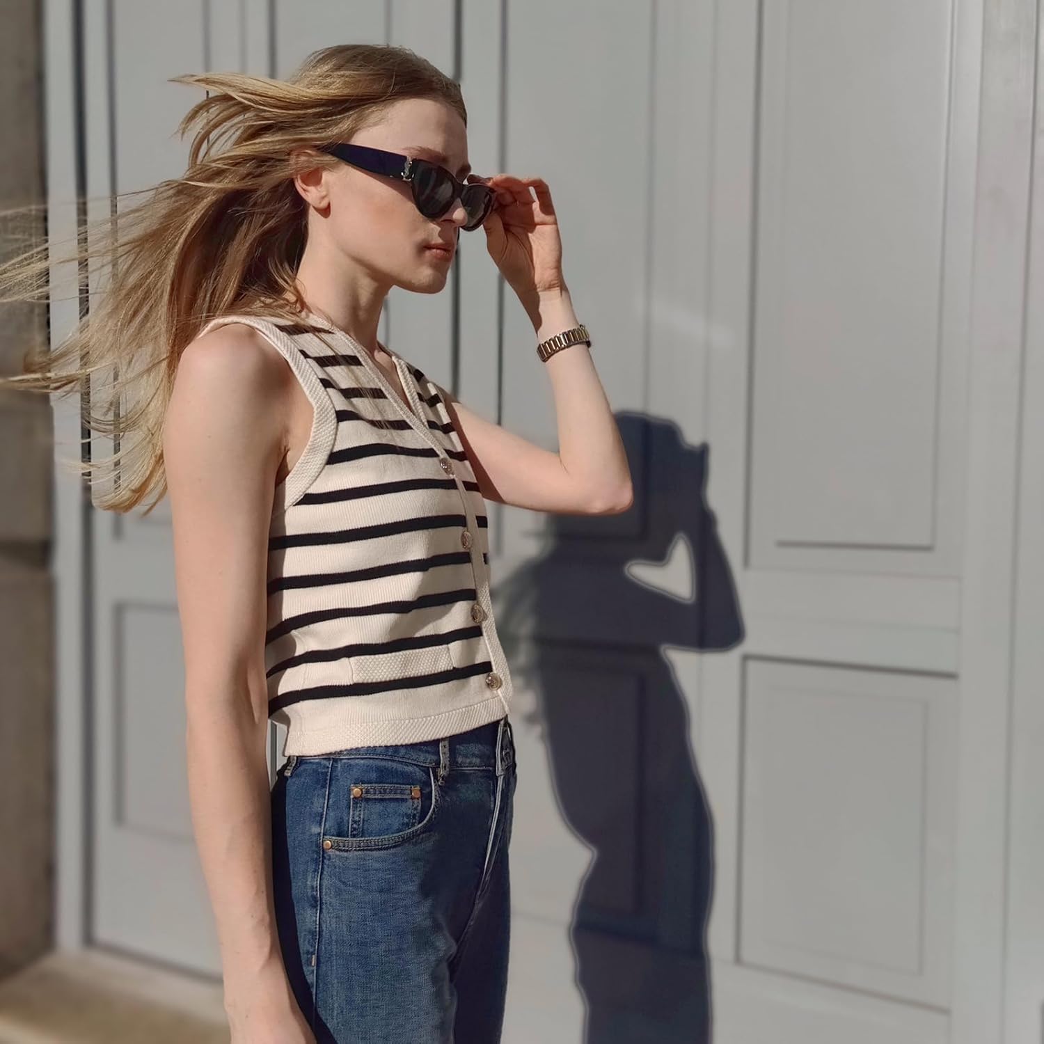 Women's Striped Cropped Knit Vest - Sleeveless V Neck with Gold Buttons, Business Casual Multi-Season Layering Top - Image 3