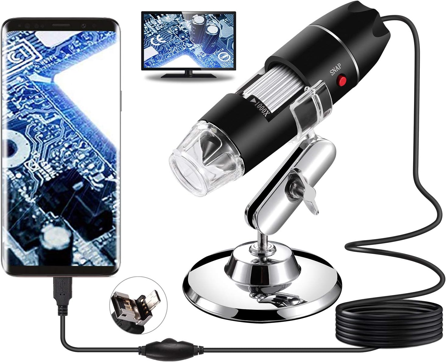 (Digital Microscope) - USB Digital Microscope, Handheld 40X-1000X Magnification Endoscope, 8 LED Mini Video Camera for Windows 7/8/10 Mac Linux Android (with OTG)