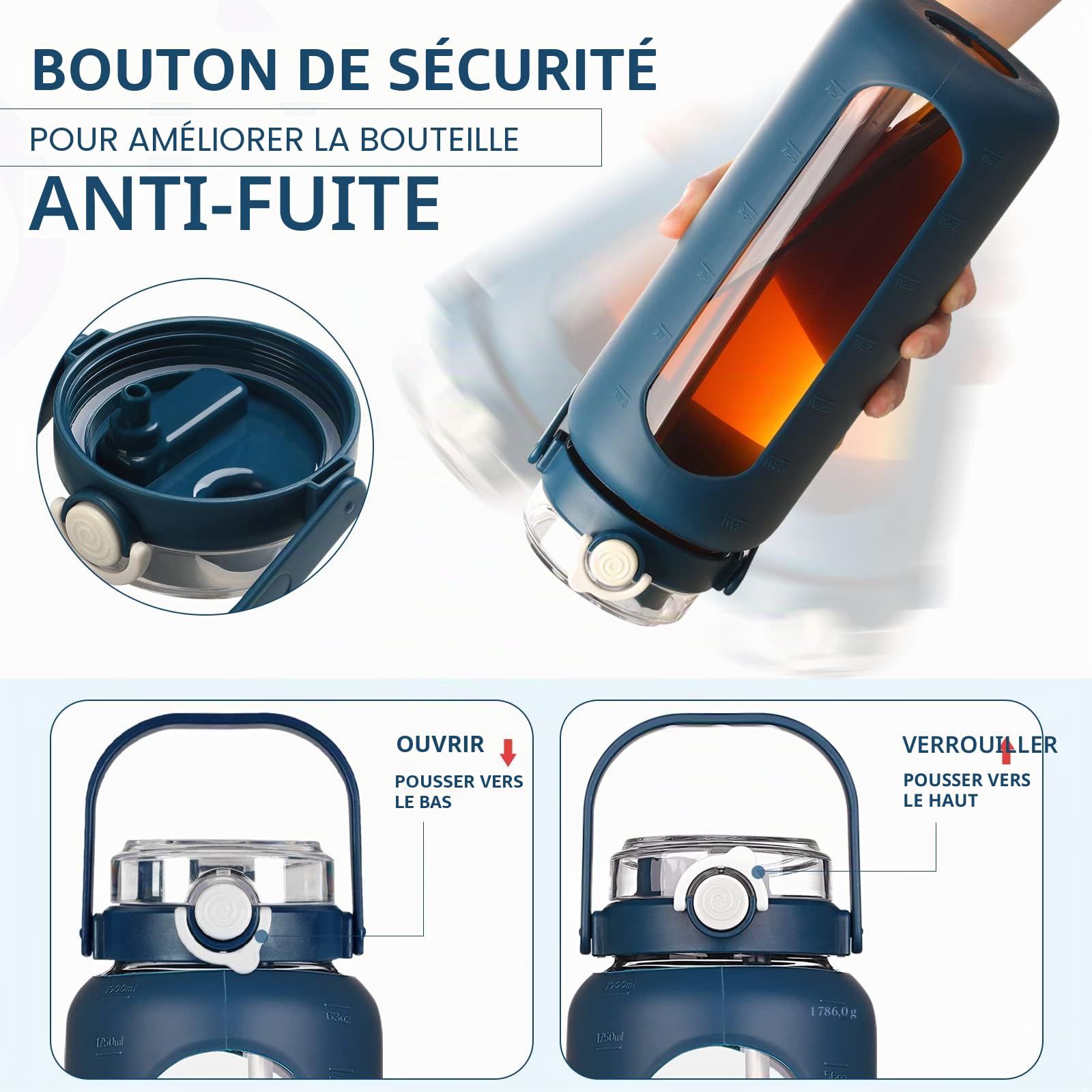 BLUEGO Grande Bouteille D'Eau En Verre 1,8L – Avec Paille, Marqueur De Temps Et Manchon