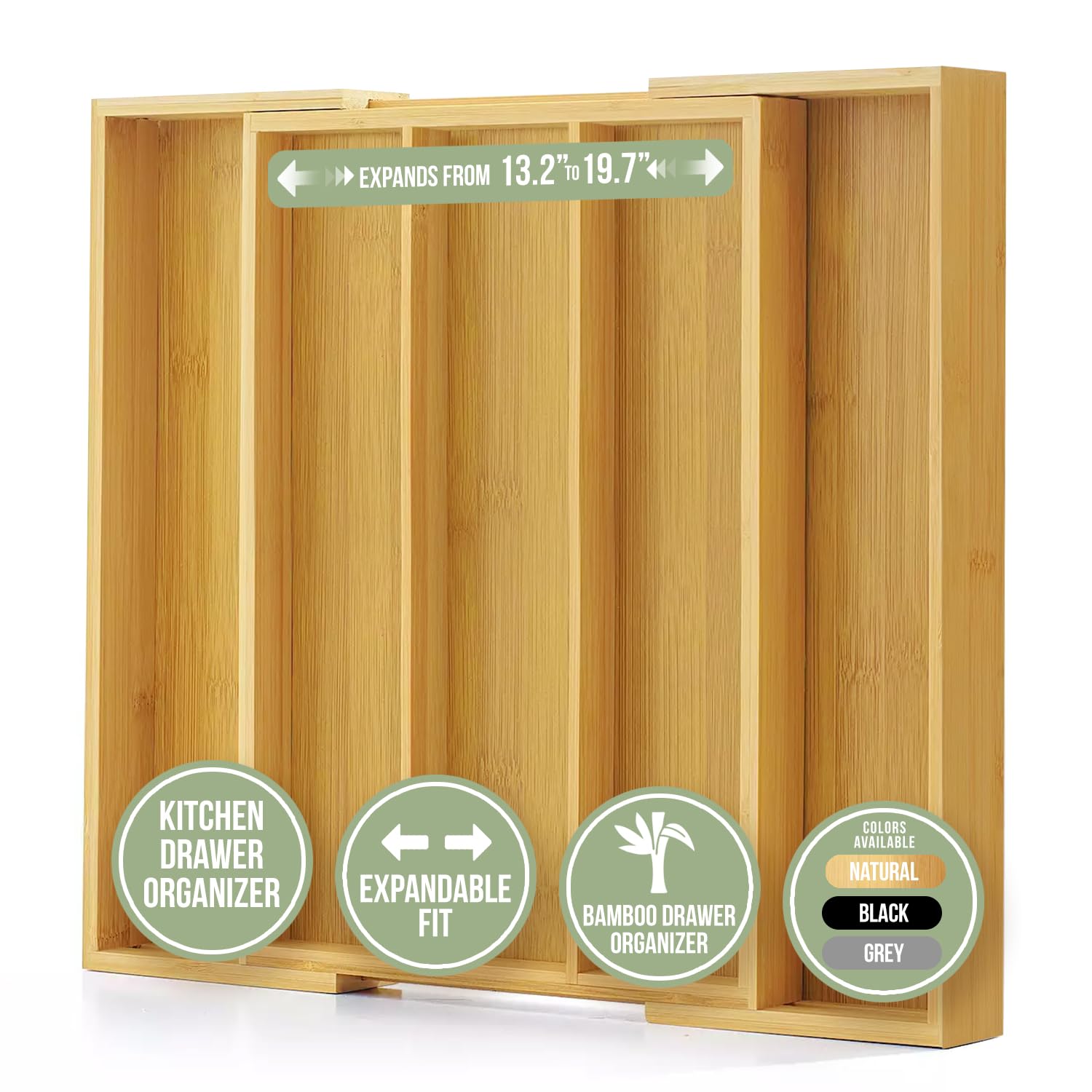 Purawood Kitchen Drawer Organizer - Expandable Utensil Drawer Organizer for Kitchen, Cutlery Tray & Silverware Organizer, 3-5 Slots - Bamboo Organizer for Utensils & Flatware (Natural)