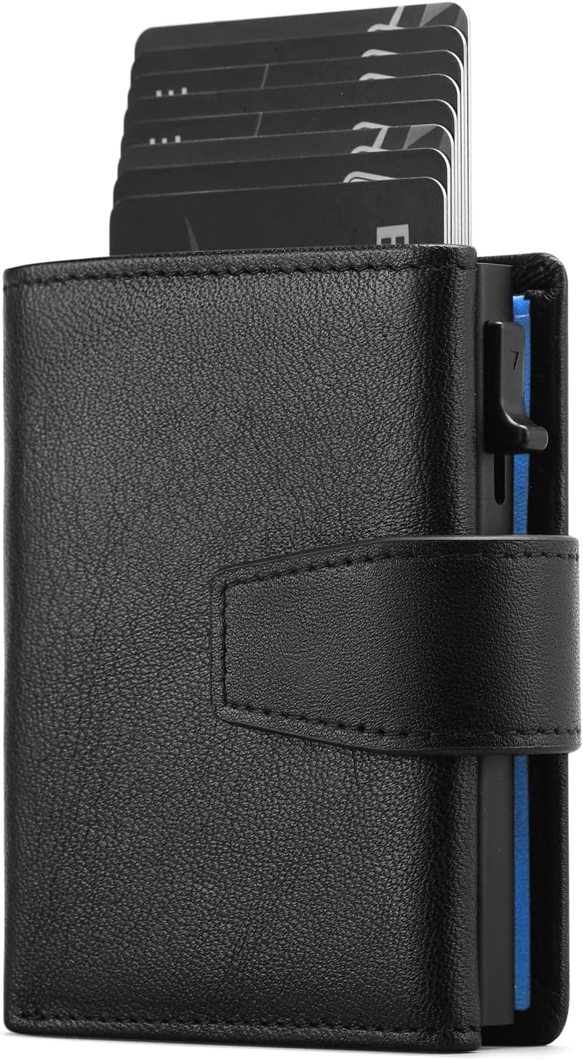 Credit Card Holder, RFID Blocking Minimalist Trifold Mens Wallets, Automatic Pop Up Metal Case with ID Windows & Zip Coin Pocket, for Gift for Men's