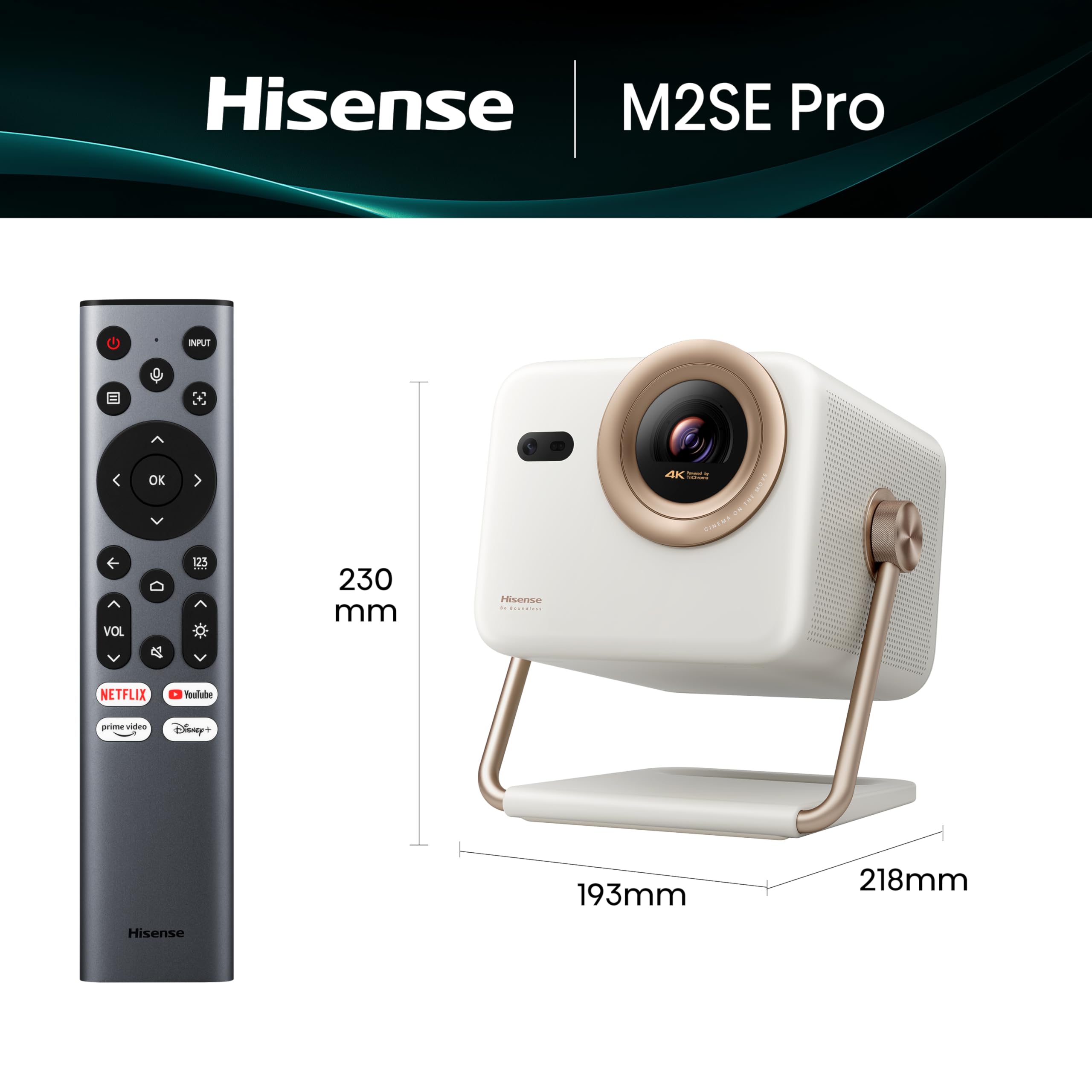 Hisense M2SE Pro - Mini Proyector Laser Trichroma UHD 4K Smart TV, 65 a 200 Pulgadas, 1150 Lumen, Dolby Vision, Audio 2x10W, Zoom Óptico, Autoenfoque, Protección Ocular, Auto-Corrección Trapezoidal