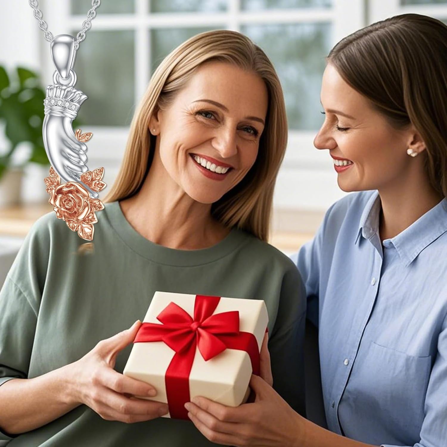 Diamond Rose Flower Necklace Sterling Silver Holding Rose for Women Gift for Mother's Day Anniversary Birthday Christmas - Image 5